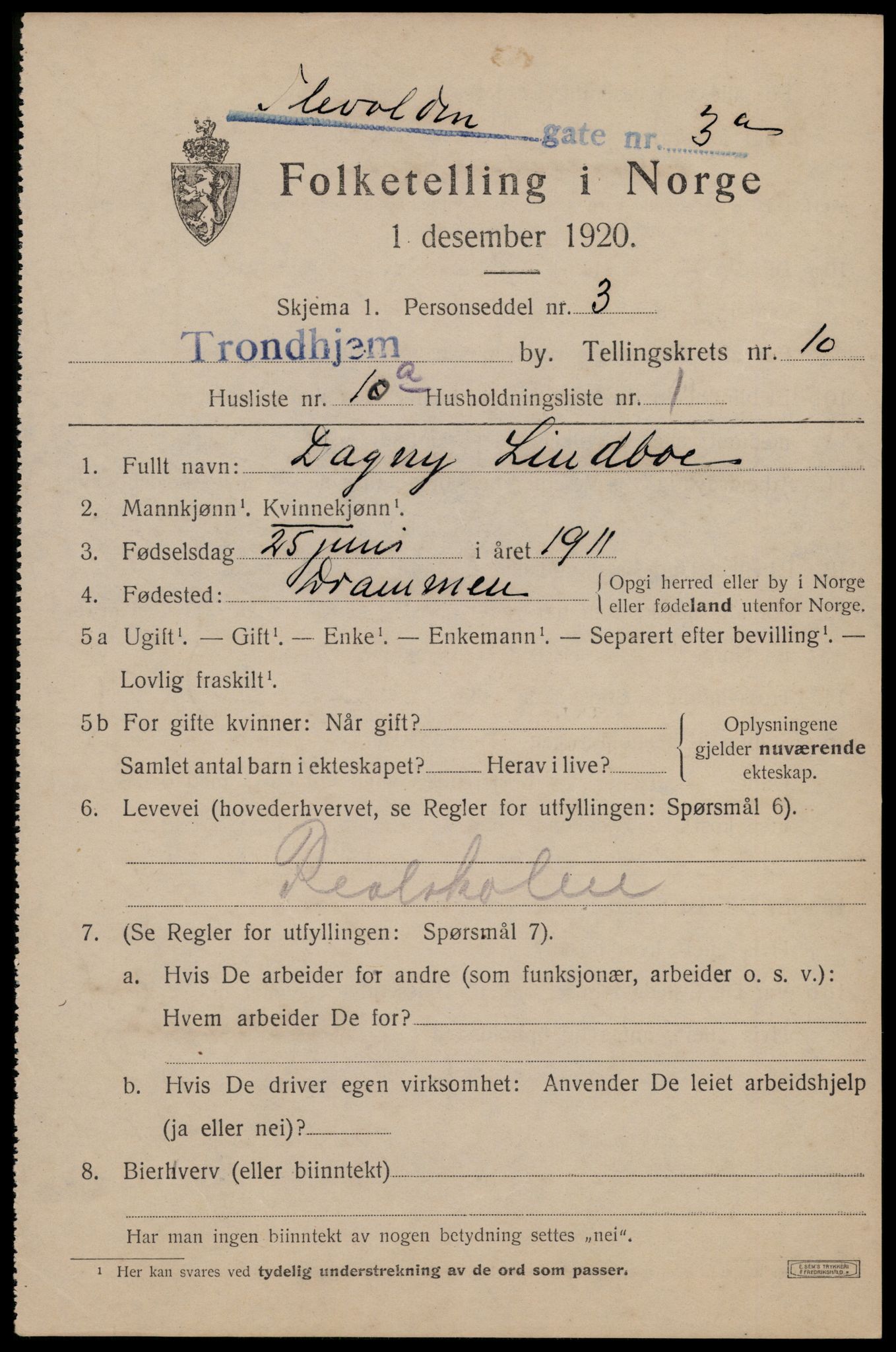 SAT, 1920 census for Trondheim, 1920, p. 44846