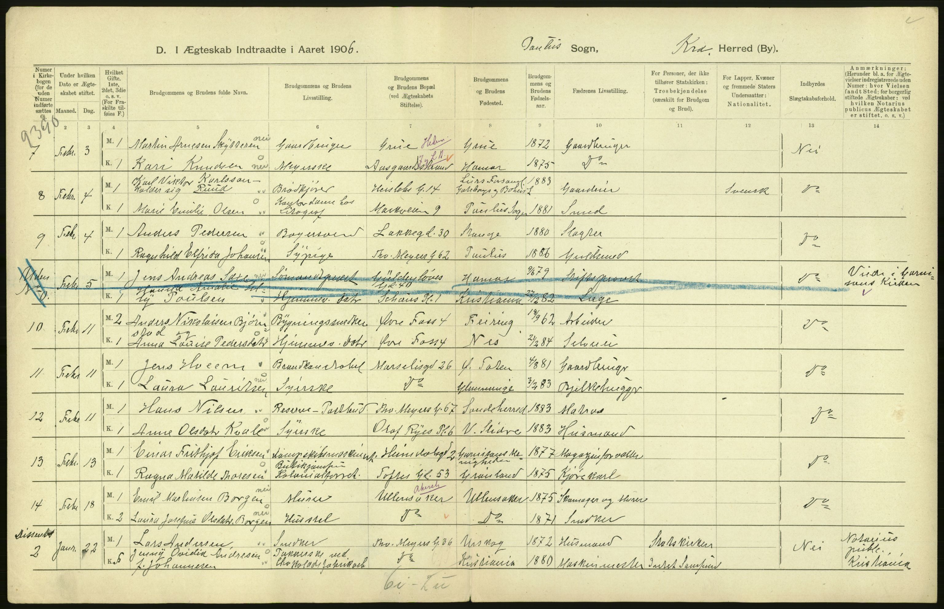 Statistisk sentralbyrå, Sosiodemografiske emner, Befolkning, AV/RA-S-2228/D/Df/Dfa/Dfad/L0008: Kristiania: Gifte, 1906, p. 552