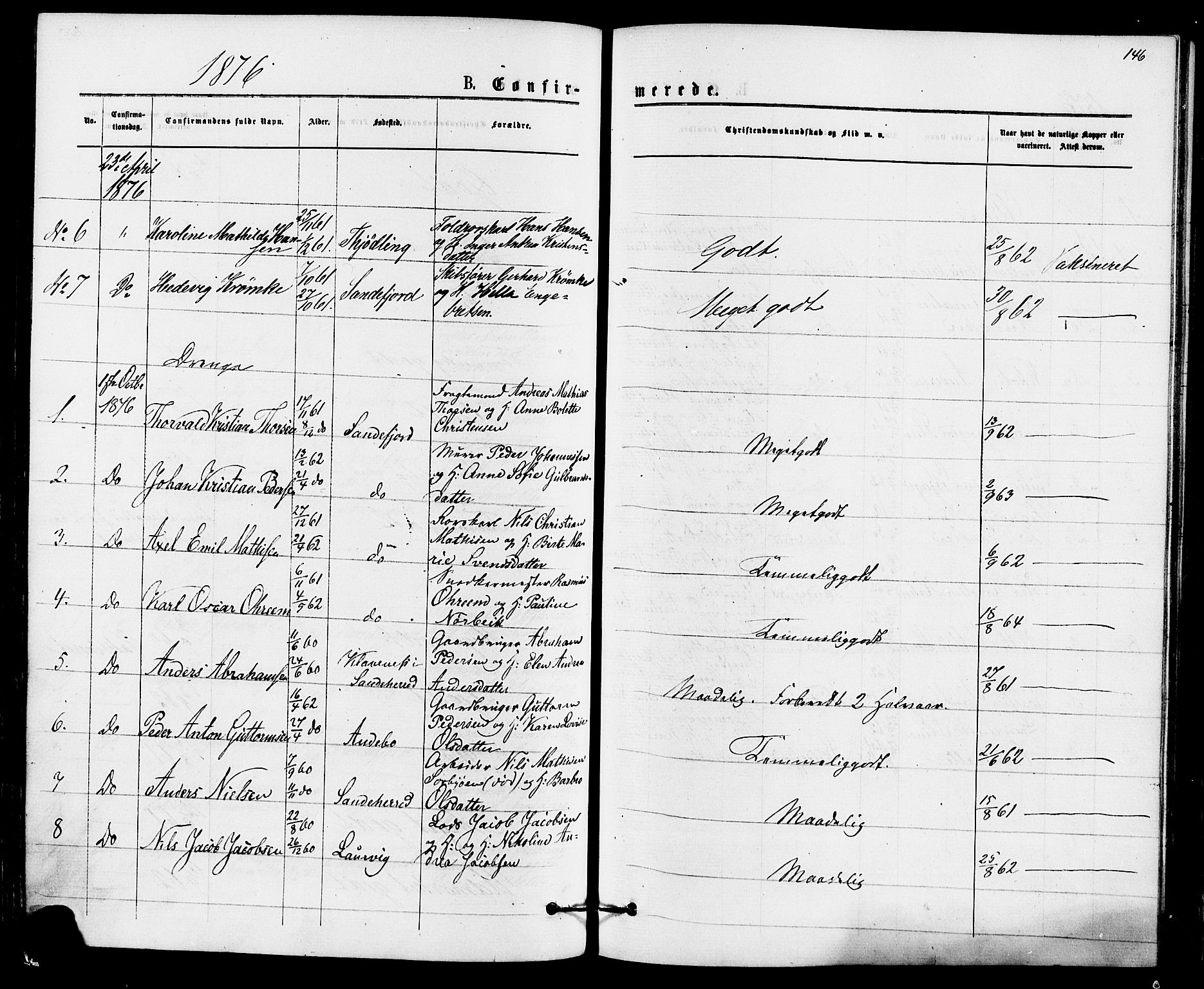 Sandefjord kirkebøker, SAKO/A-315/F/Fa/L0001: Parish register (official) no. 1, 1873-1879, p. 146