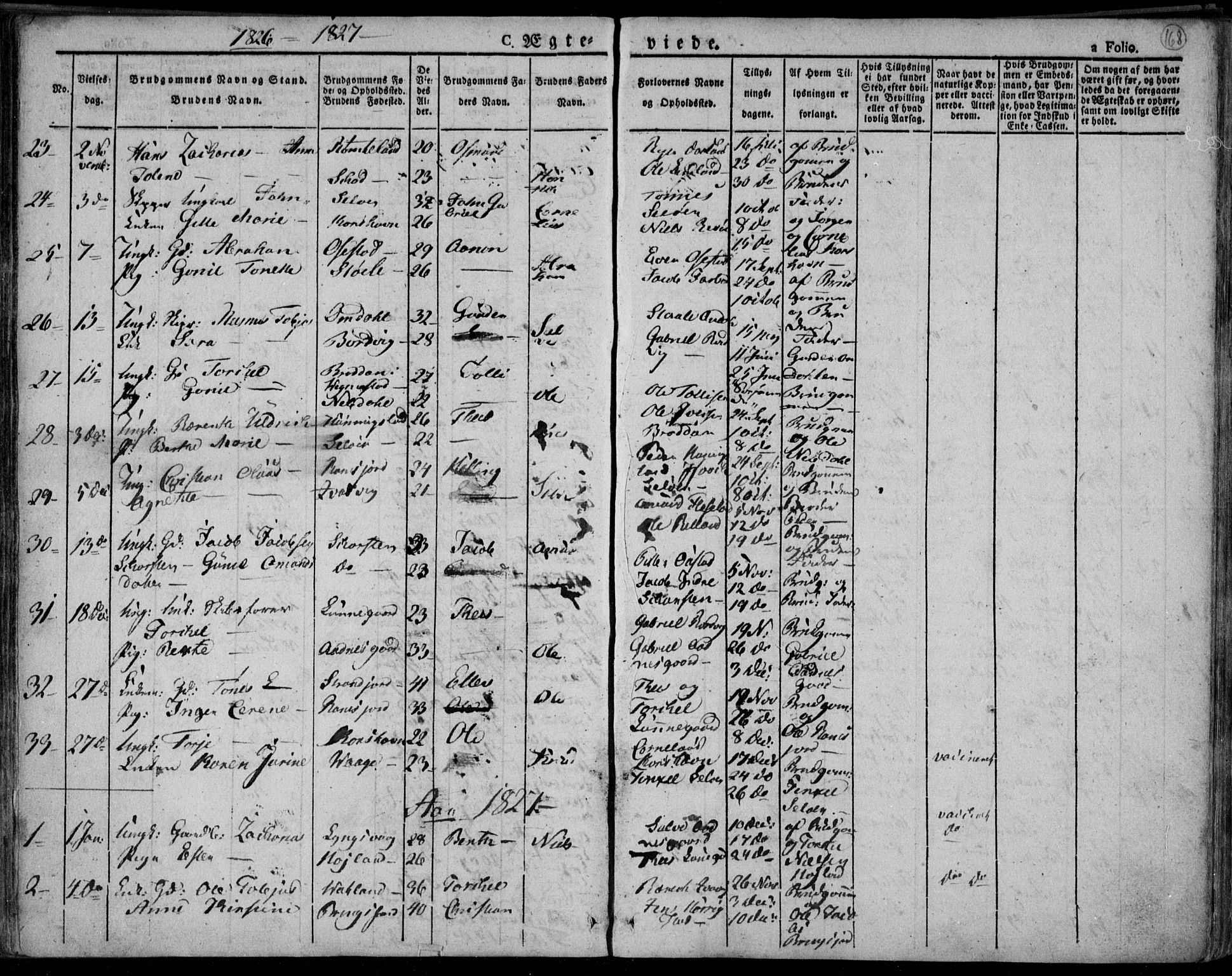 Lyngdal sokneprestkontor, SAK/1111-0029/F/Fa/Fac/L0007: Parish register (official) no. A 7, 1825-1838, p. 168