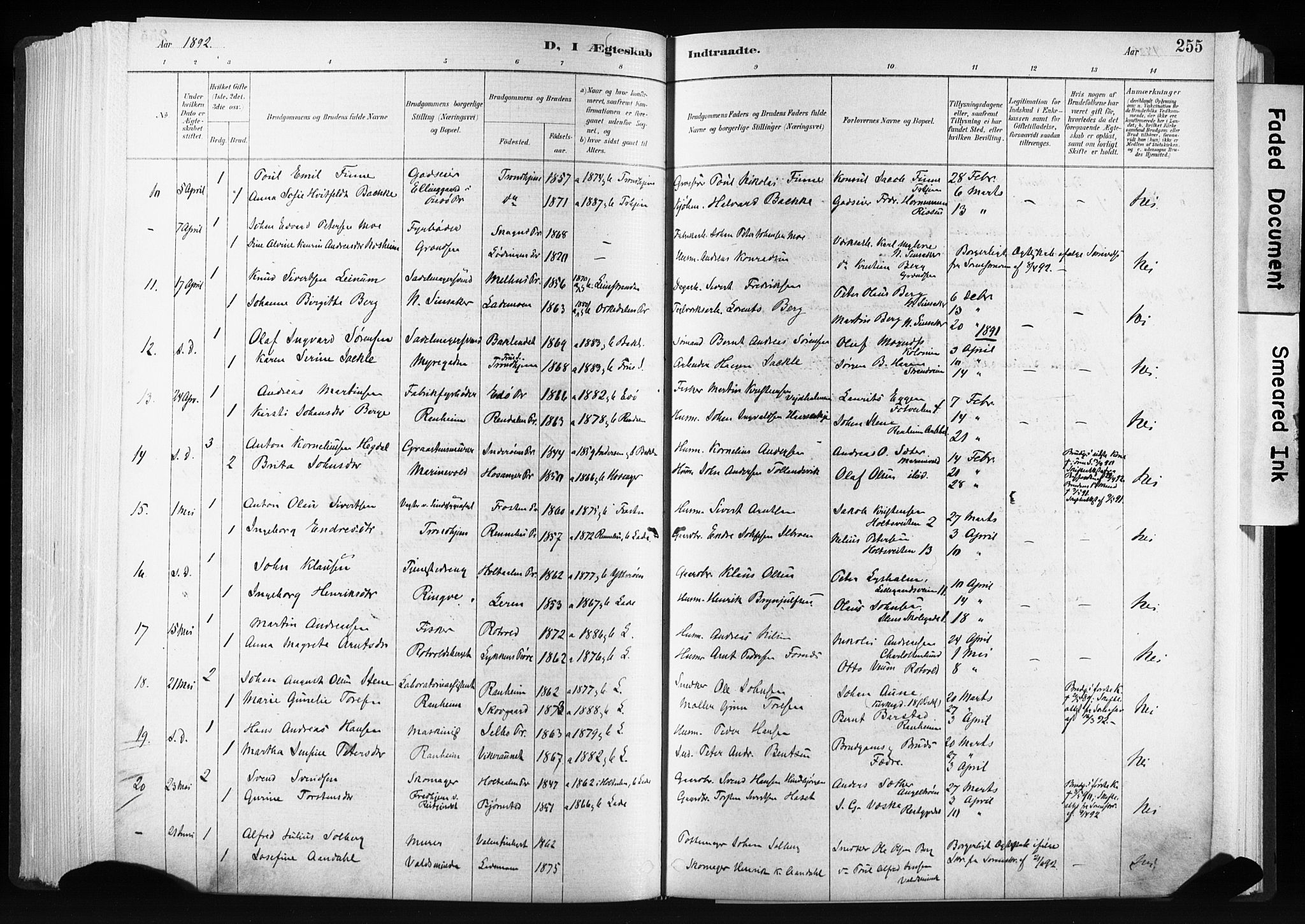 Ministerialprotokoller, klokkerbøker og fødselsregistre - Sør-Trøndelag, SAT/A-1456/606/L0300: Parish register (official) no. 606A15, 1886-1893, p. 255
