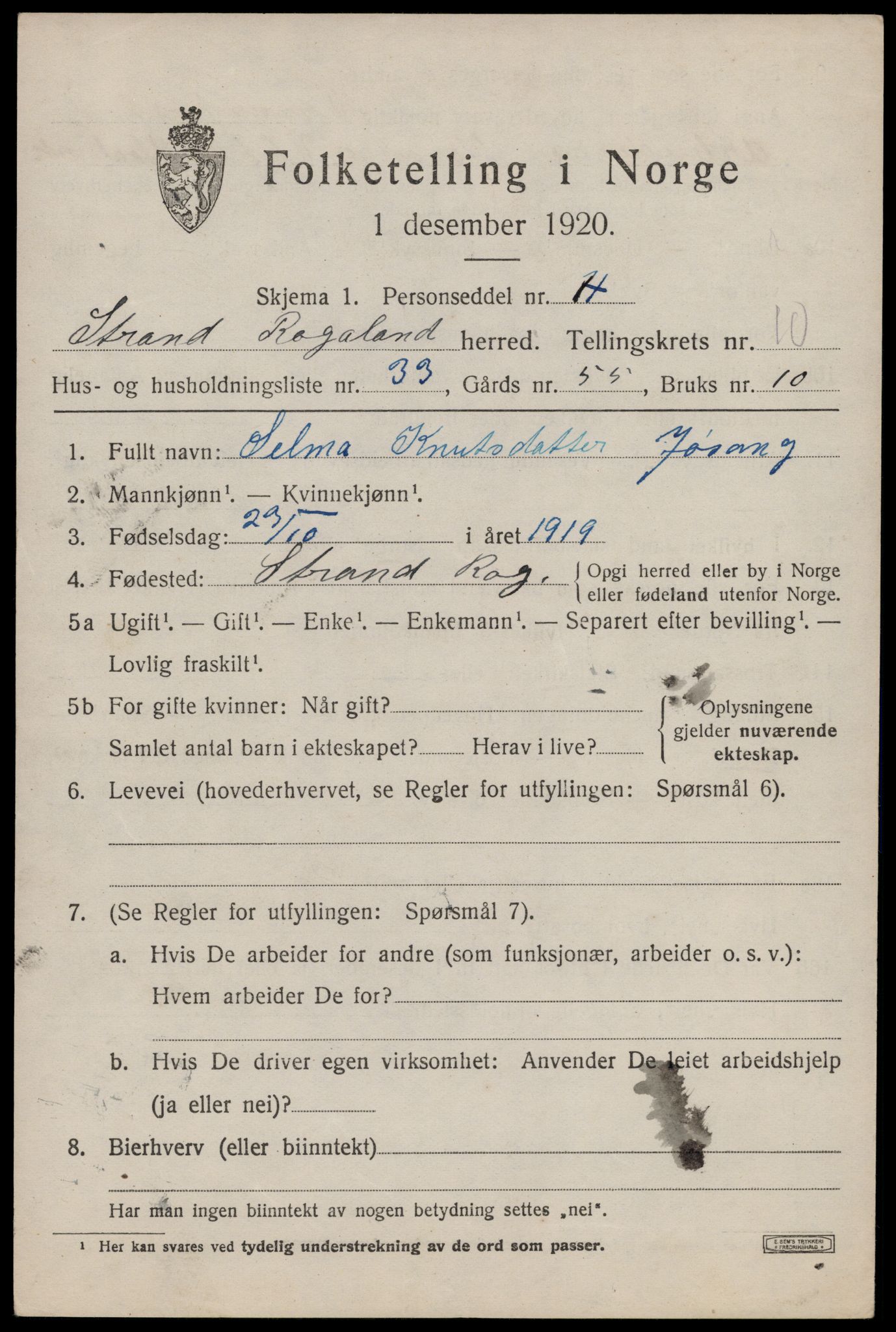 SAST, 1920 census for Strand, 1920, p. 7027