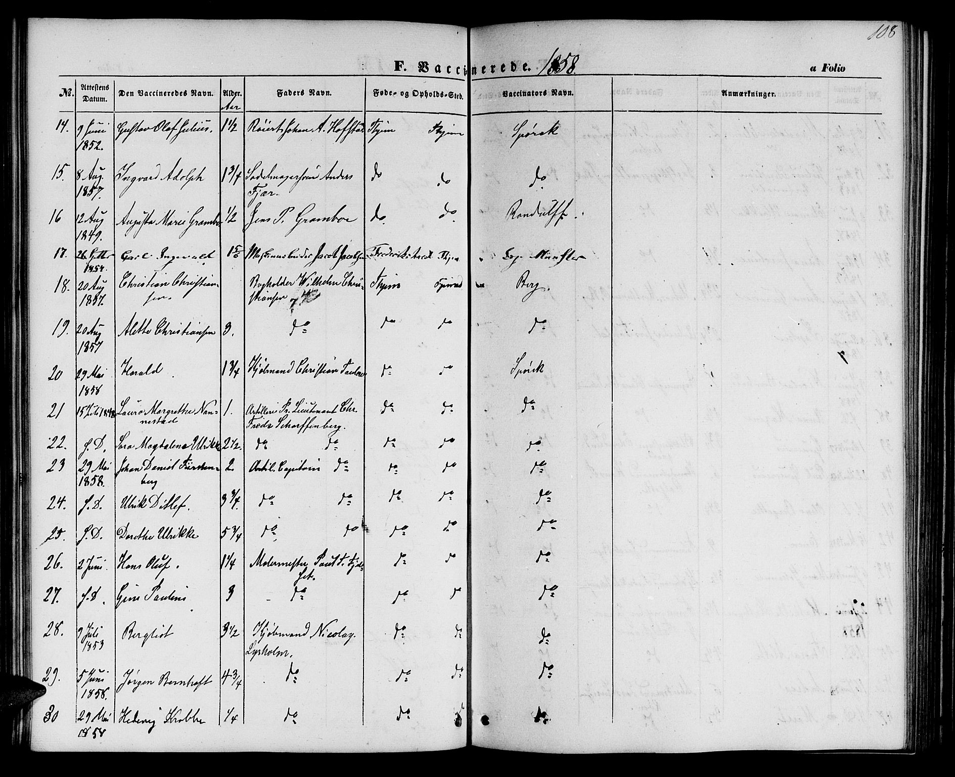 Ministerialprotokoller, klokkerbøker og fødselsregistre - Sør-Trøndelag, SAT/A-1456/602/L0113: Parish register (official) no. 602A11, 1849-1861, p. 108