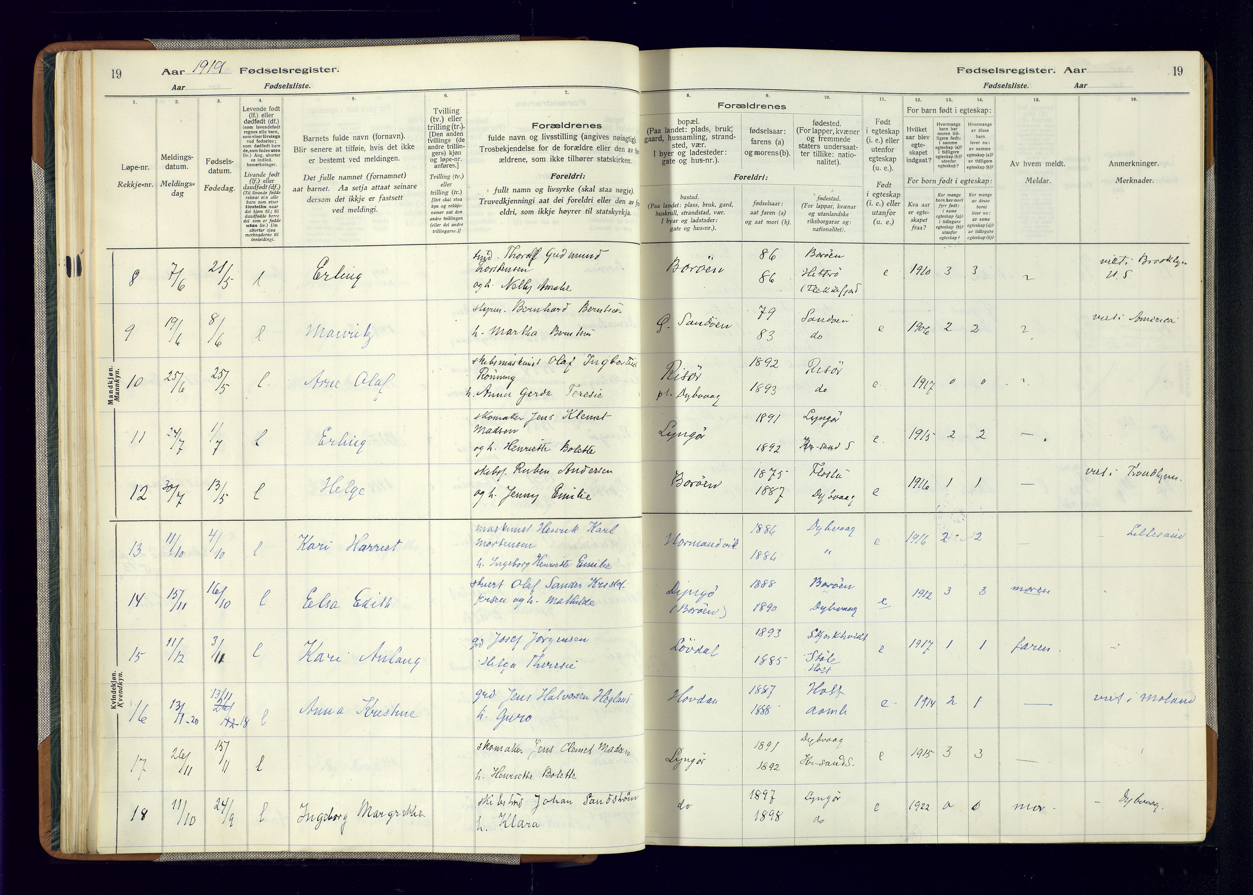 Dypvåg sokneprestkontor, AV/SAK-1111-0007/J/Ja/L0001: Birth register no. II.4.3, 1916-1975, p. 19