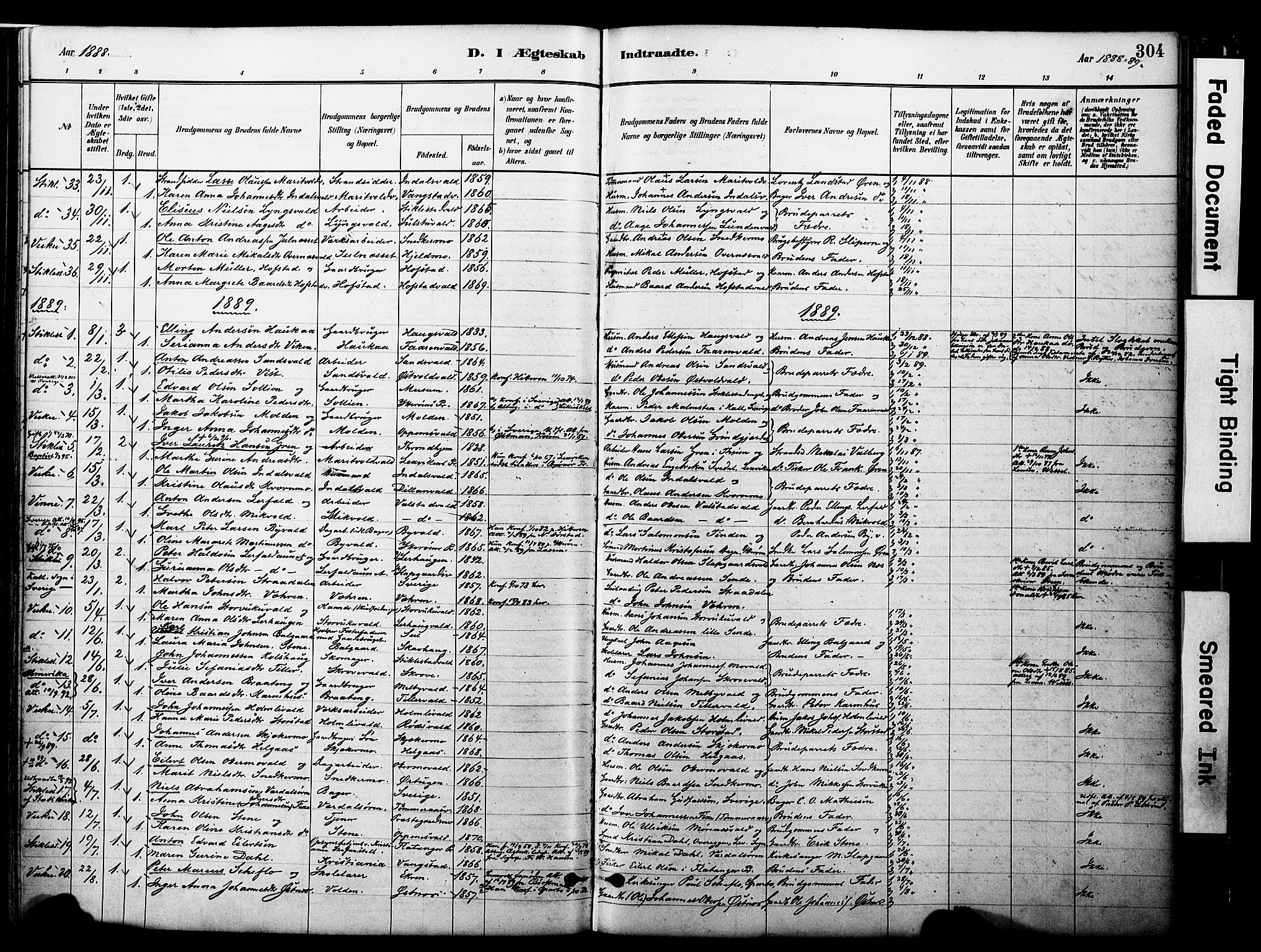 Ministerialprotokoller, klokkerbøker og fødselsregistre - Nord-Trøndelag, AV/SAT-A-1458/723/L0244: Parish register (official) no. 723A13, 1881-1899, p. 304