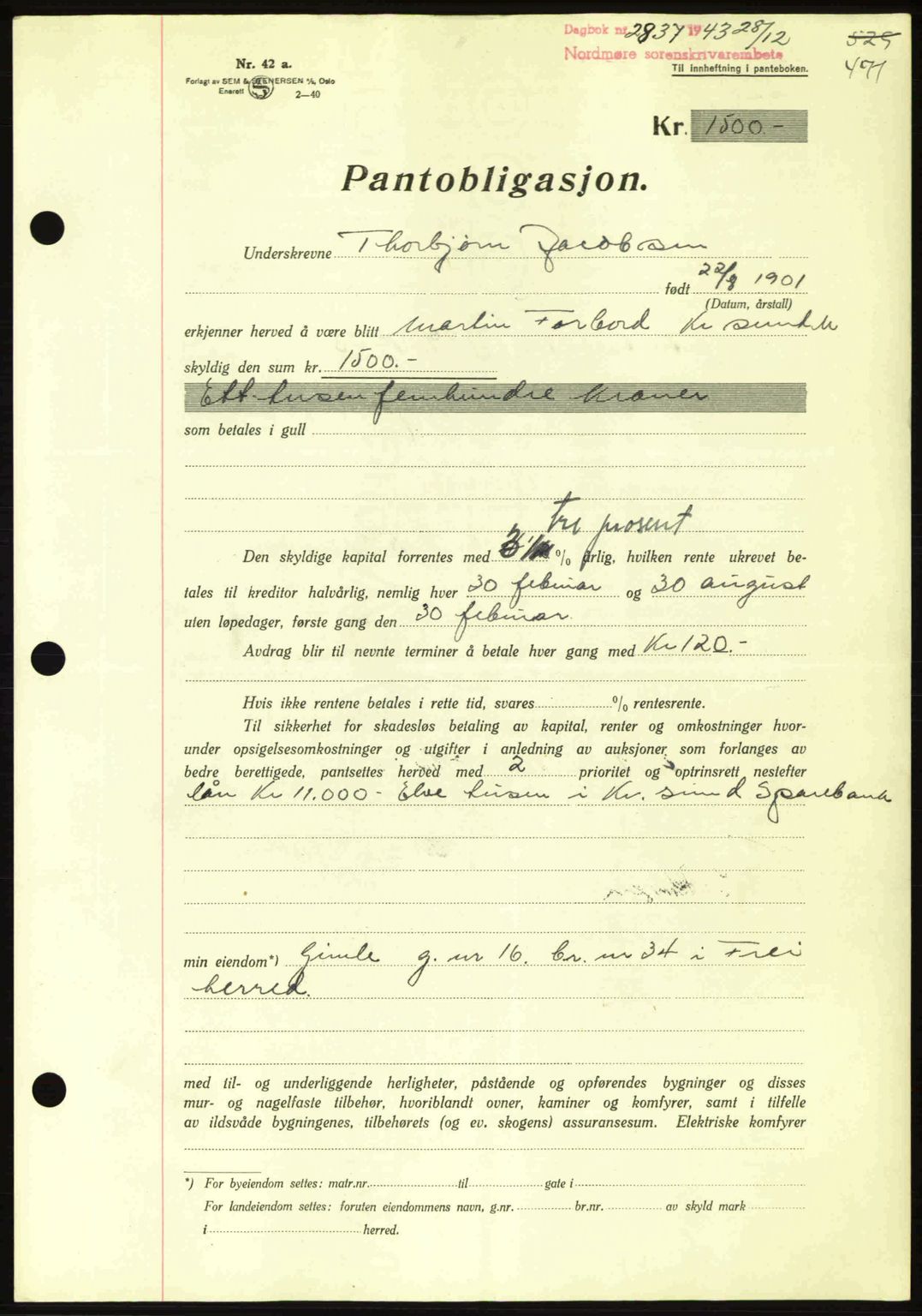 Nordmøre sorenskriveri, AV/SAT-A-4132/1/2/2Ca: Mortgage book no. B91, 1943-1944, Diary no: : 2837/1943