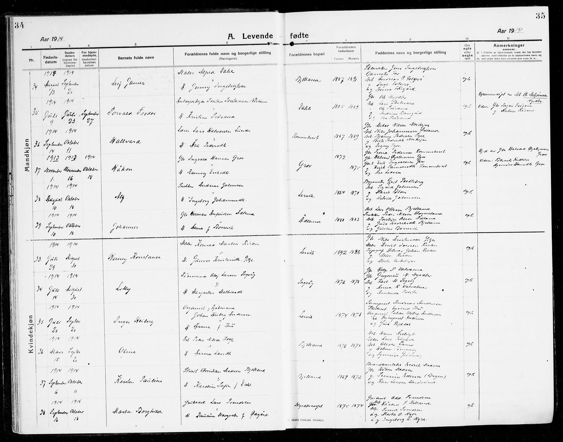 Stord sokneprestembete, SAB/A-78201/H/Haa: Parish register (official) no. B 3, 1913-1925, p. 34-35
