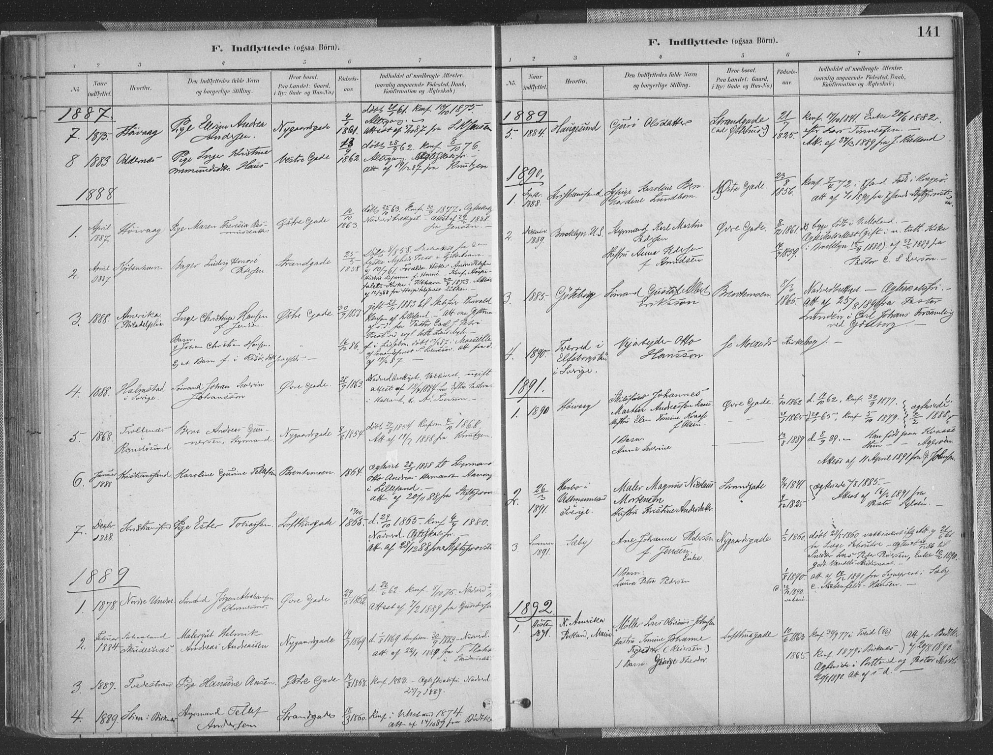 Vestre Moland sokneprestkontor, SAK/1111-0046/F/Fa/Faa/L0001: Parish register (official) no. A 1, 1884-1899, p. 141