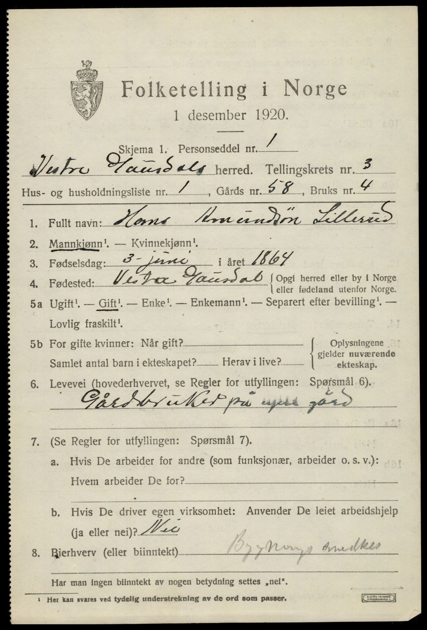 SAH, 1920 census for Vestre Gausdal, 1920, p. 2337