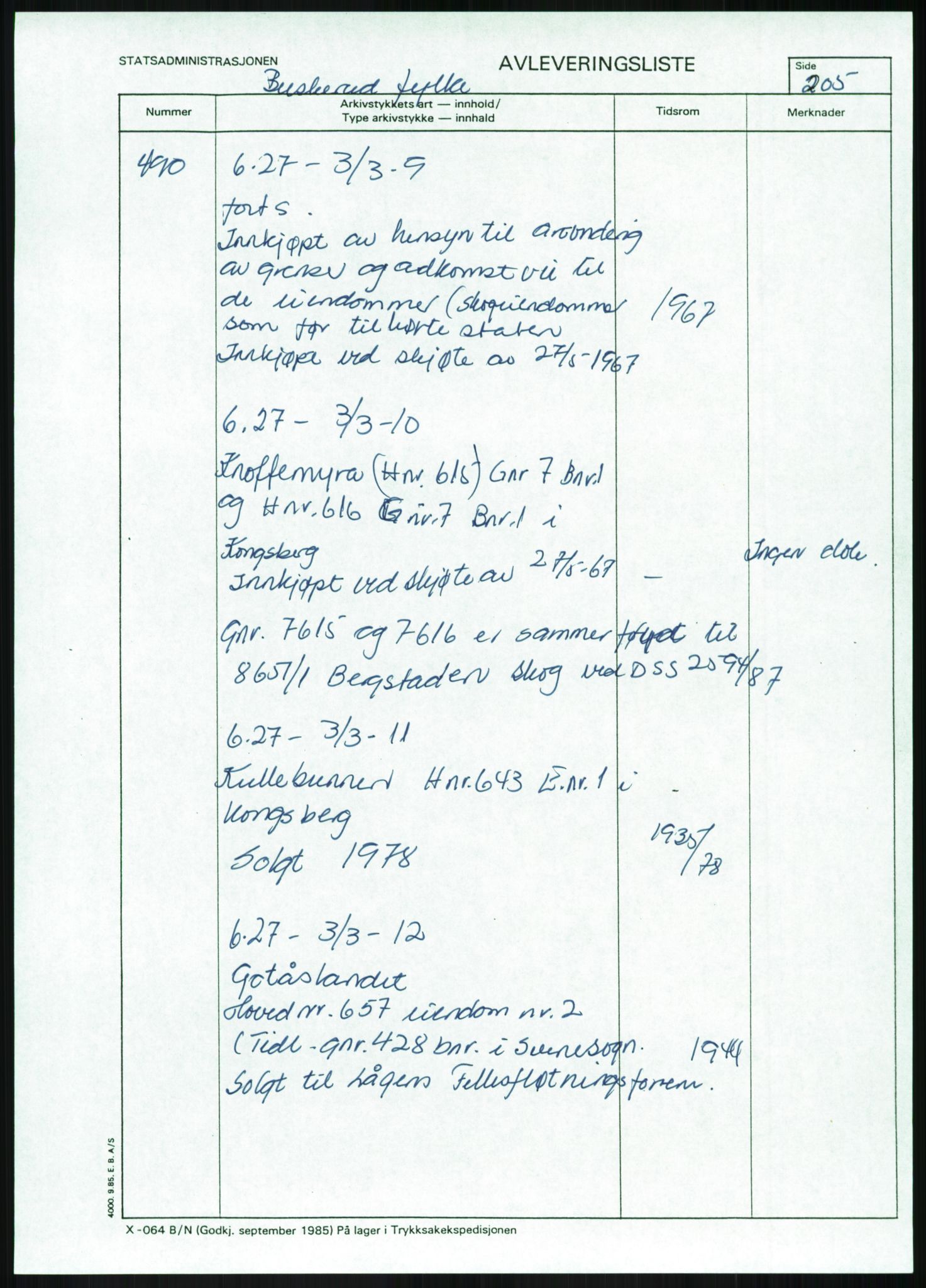 Direktoratet for statens skoger, AV/RA-S-1600/2/E/Eg/L0002: Arkivliste for 10.11-serien. Akershus til Sør-Trøndelag fylke. Mappenr. 1 - 925, 1957-1992, p. 206