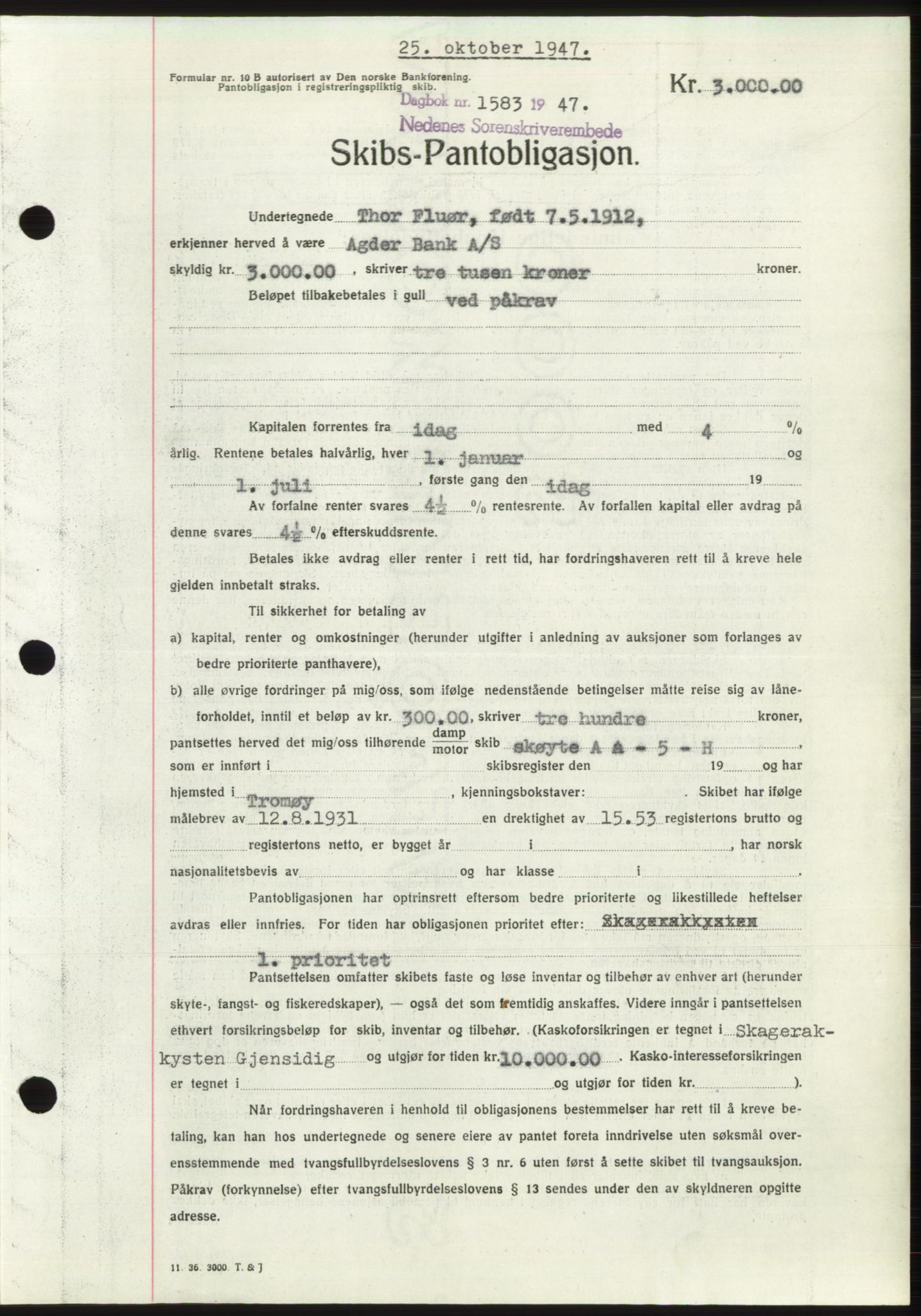 Nedenes sorenskriveri, AV/SAK-1221-0006/G/Gb/Gbb/L0004: Mortgage book no. B4, 1947-1947, Diary no: : 1583/1947