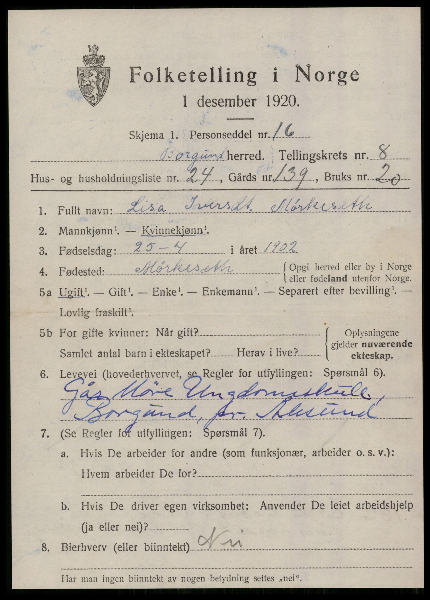 SAT, 1920 census for Borgund, 1920, p. 7694