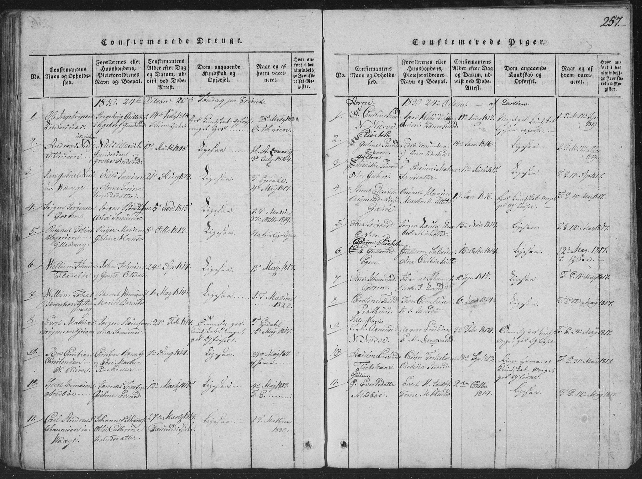 Sør-Audnedal sokneprestkontor, AV/SAK-1111-0039/F/Fa/Faa/L0001: Parish register (official) no. A 1, 1816-1848, p. 257