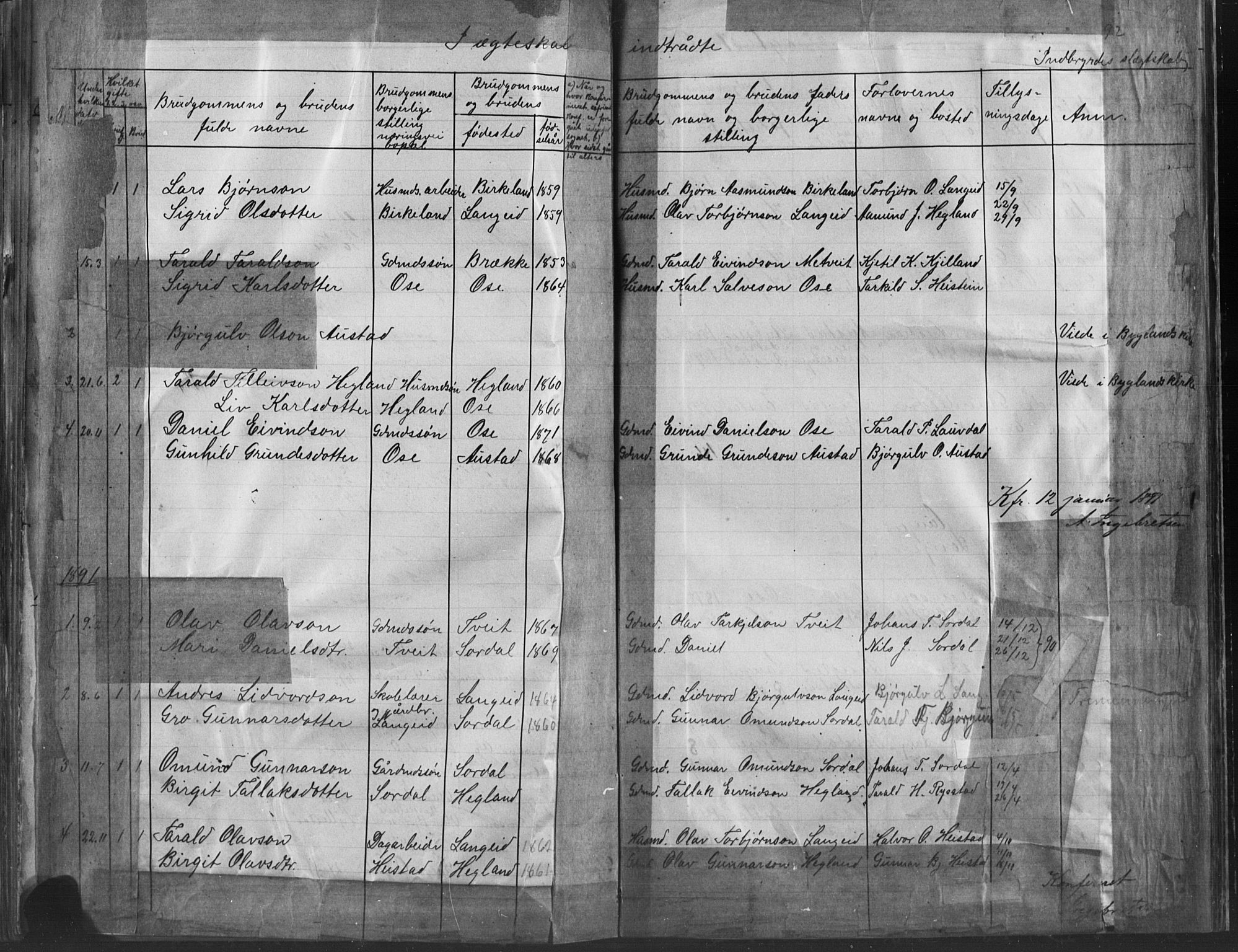 Bygland sokneprestkontor, SAK/1111-0006/F/Fb/Fba/L0002: Parish register (copy) no. B 2, 1886-1919, p. 92