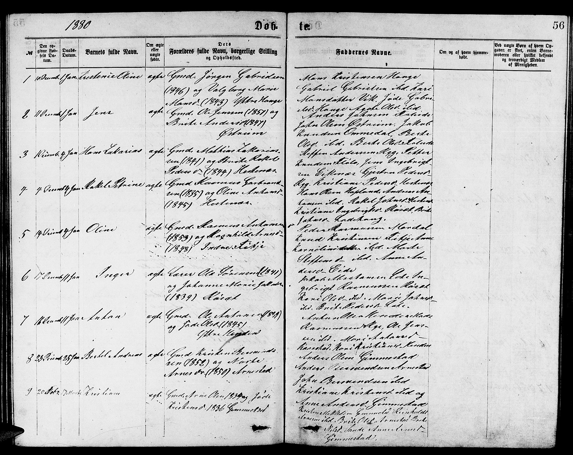 Gloppen sokneprestembete, SAB/A-80101/H/Hab/Habb/L0001: Parish register (copy) no. B 1, 1872-1888, p. 56