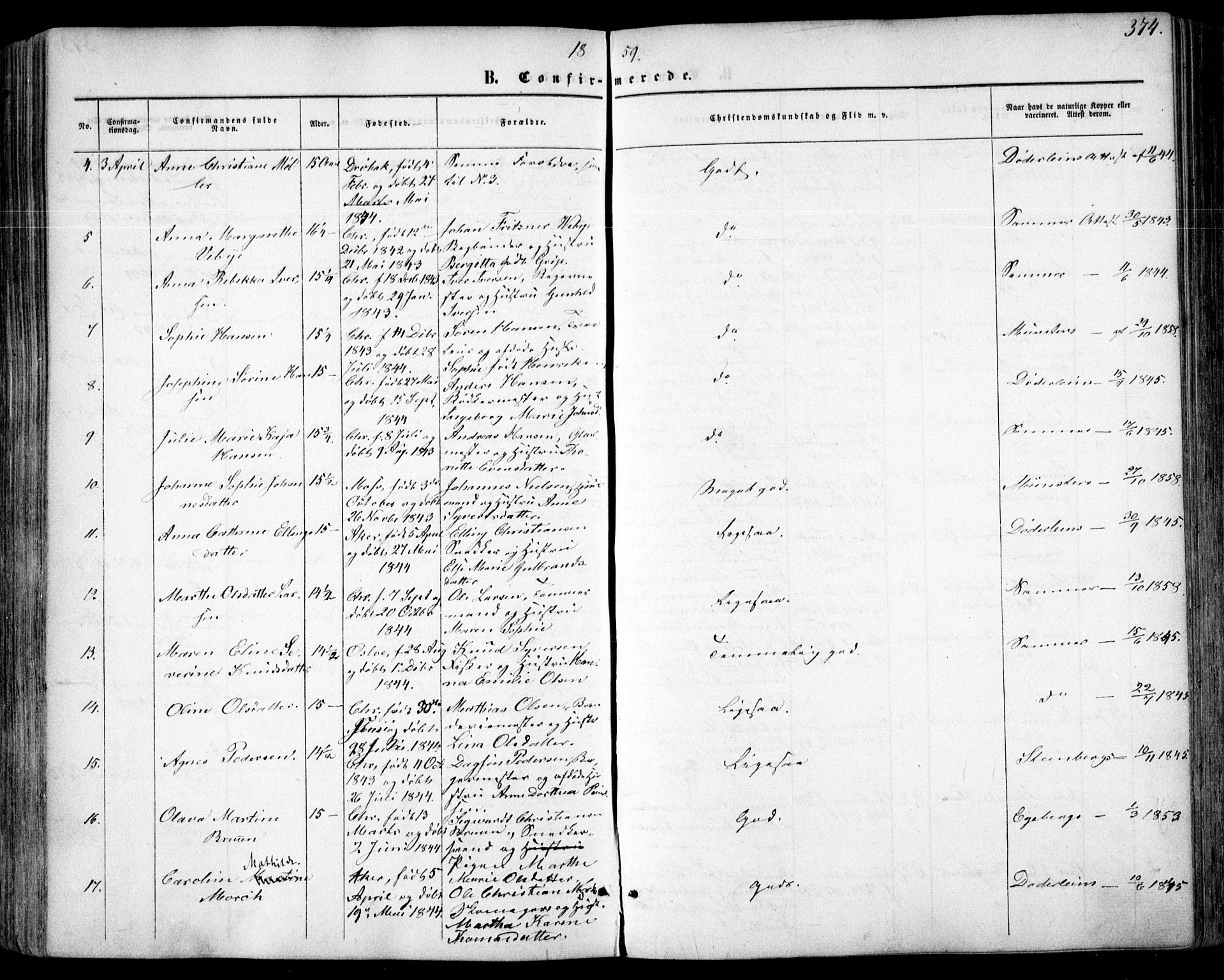 Oslo domkirke Kirkebøker, SAO/A-10752/F/Fa/L0015: Parish register (official) no. 15, 1857-1871, p. 374