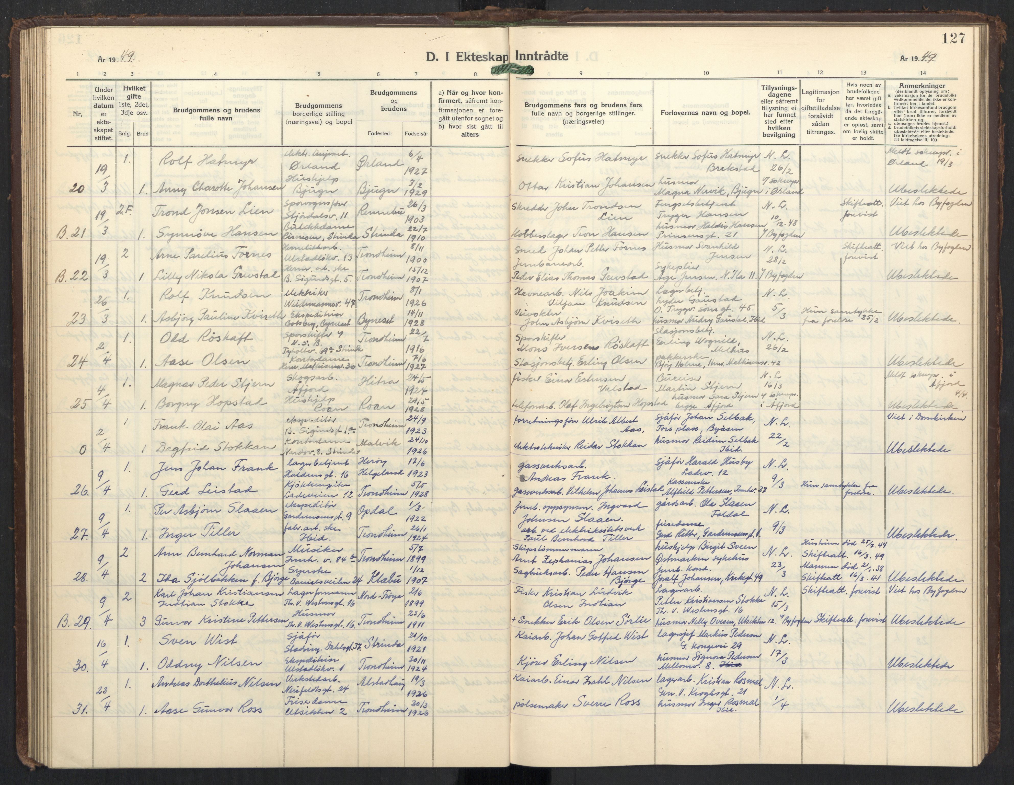 Ministerialprotokoller, klokkerbøker og fødselsregistre - Sør-Trøndelag, SAT/A-1456/605/L0263: Parish register (copy) no. 605C10, 1938-1949, p. 127