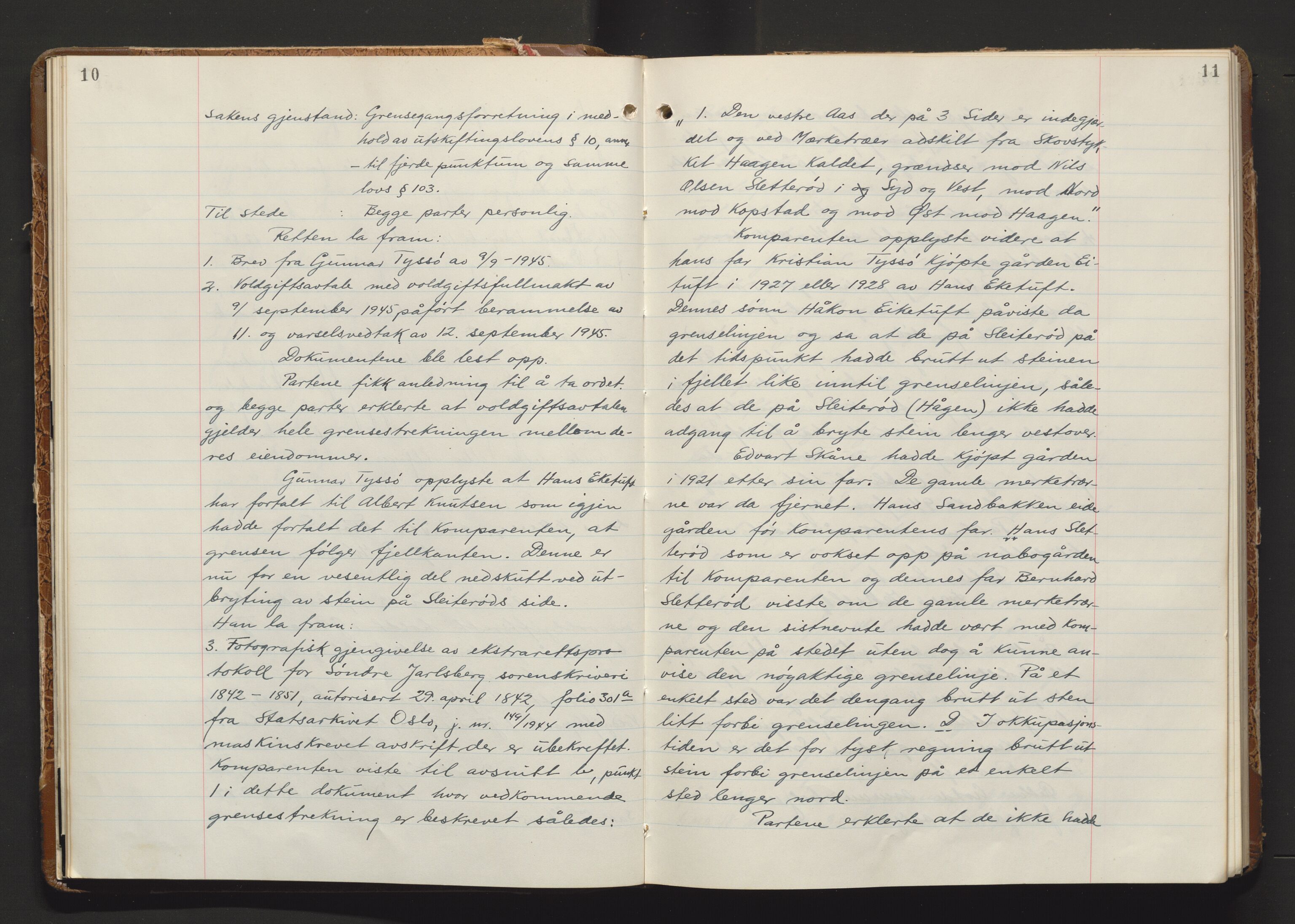 Utskiftningsvesenet i Vestfold, AV/SAKO-A-797/F/Fa/L0032: Rettsbok (forhandlingsprotokoll), 1945-1949, p. 10-11