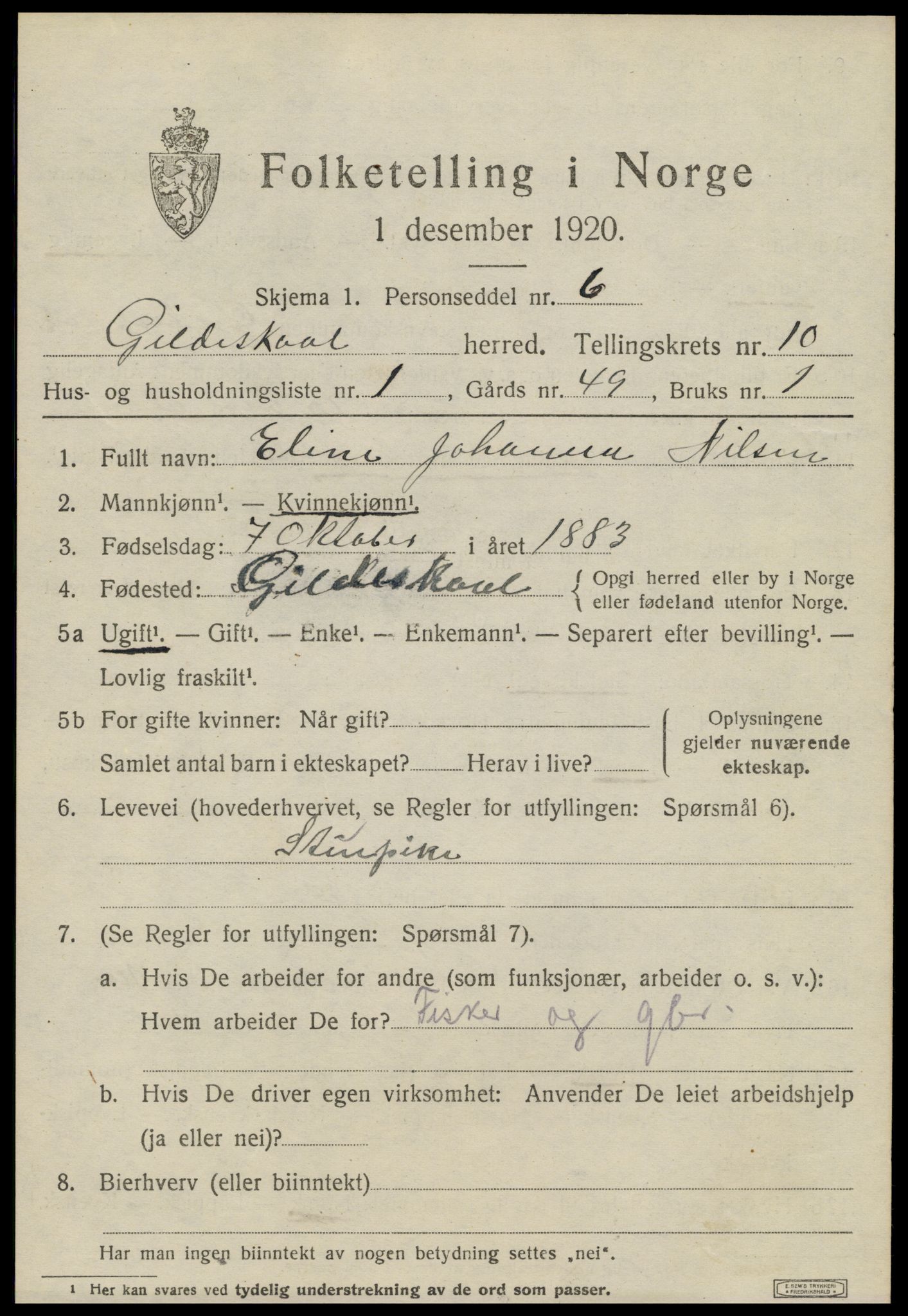 SAT, 1920 census for Gildeskål, 1920, p. 6070