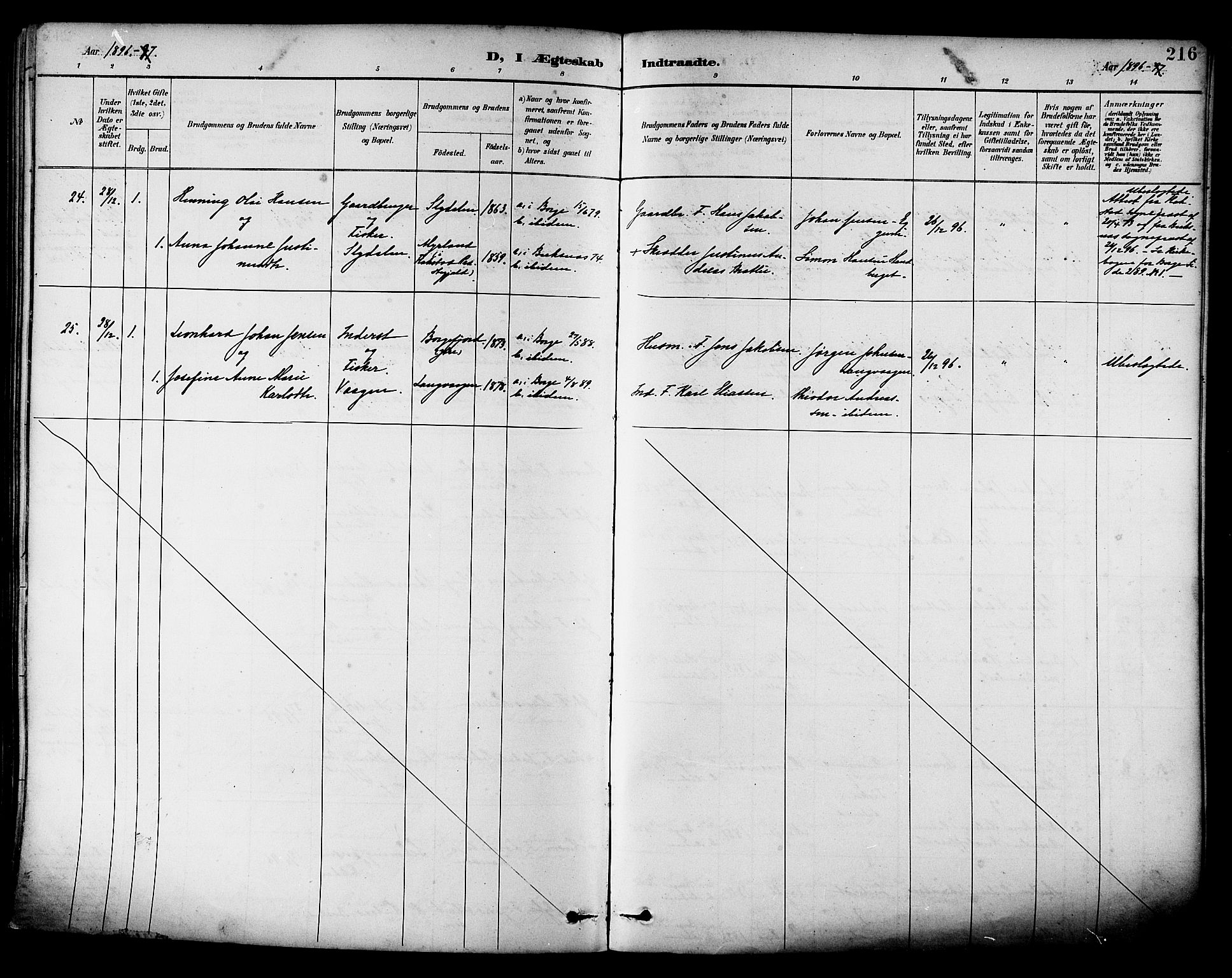 Ministerialprotokoller, klokkerbøker og fødselsregistre - Nordland, AV/SAT-A-1459/880/L1133: Parish register (official) no. 880A07, 1888-1898, p. 216