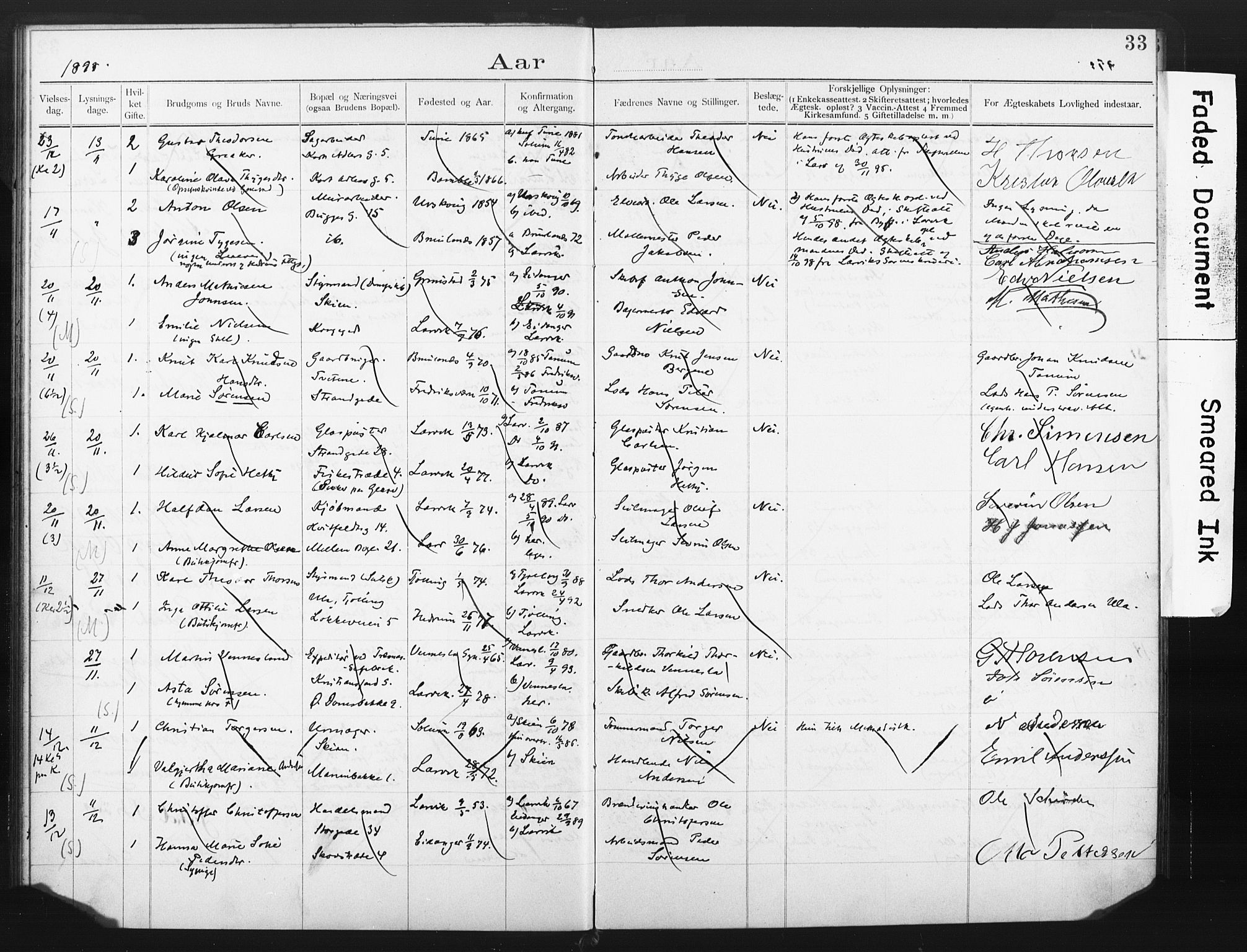 Larvik kirkebøker, AV/SAKO-A-352/H/Ha/L0002: Banns register no. 2, 1892-1907, p. 33