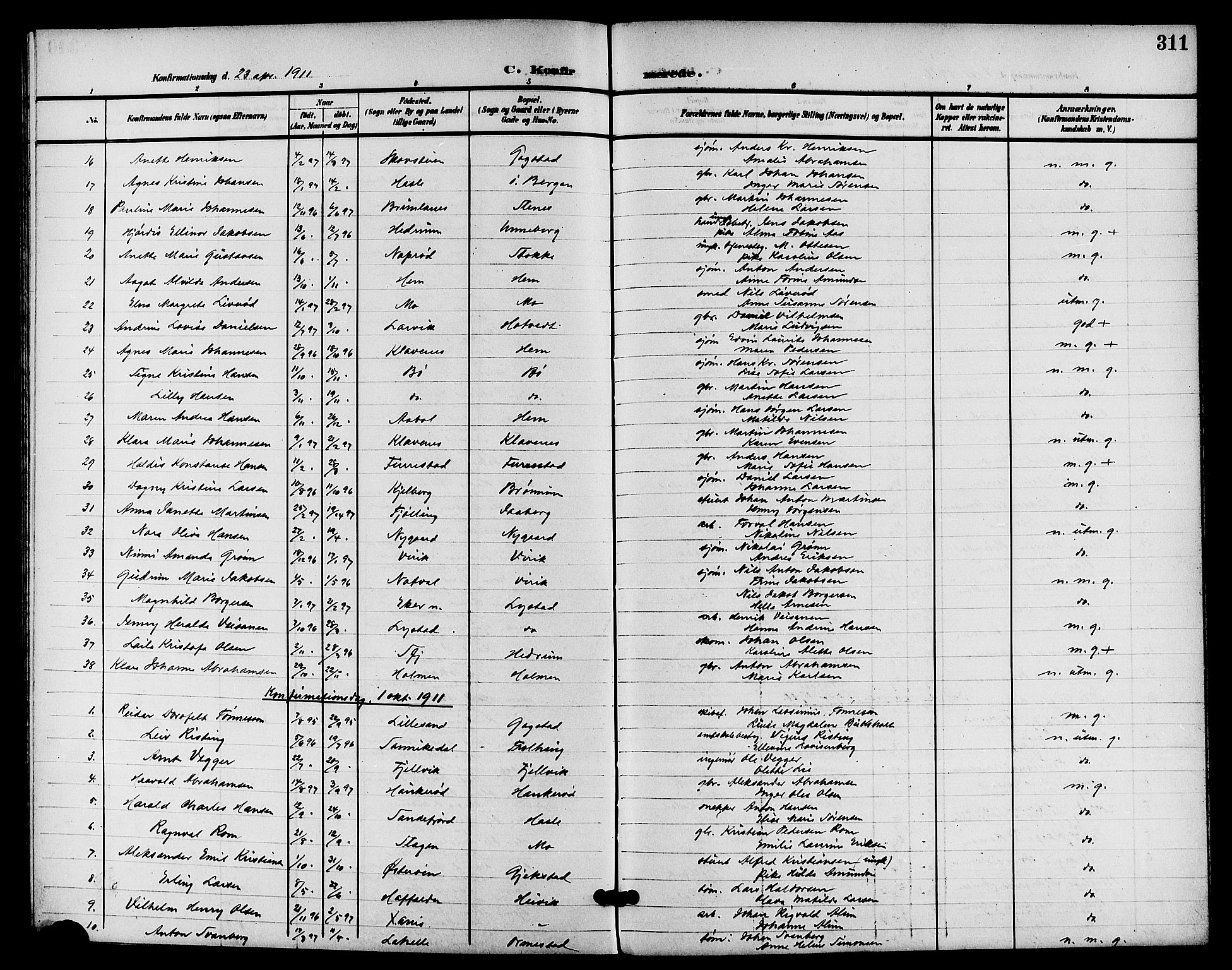 Sandar kirkebøker, AV/SAKO-A-243/G/Ga/L0002: Parish register (copy) no. 2, 1900-1915, p. 311