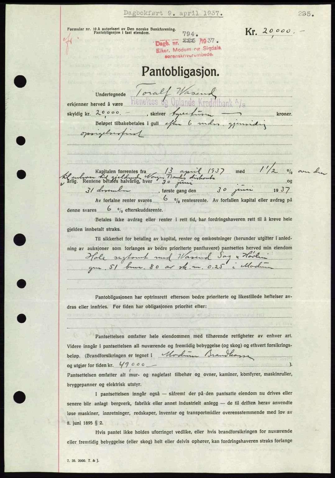 Eiker, Modum og Sigdal sorenskriveri, SAKO/A-123/G/Ga/Gab/L0035: Mortgage book no. A5, 1937-1937, Diary no: : 794/1937