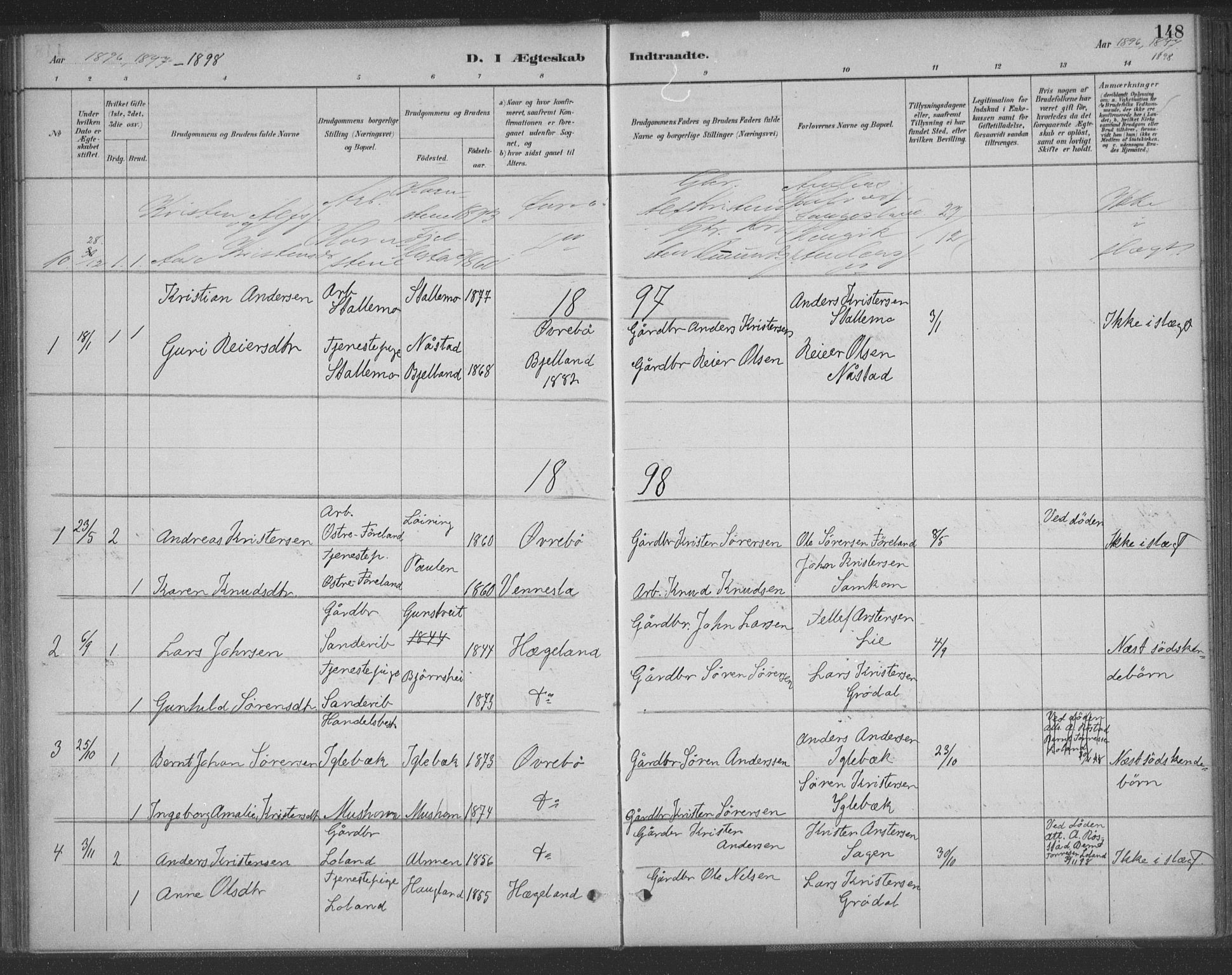 Vennesla sokneprestkontor, AV/SAK-1111-0045/Fa/Fac/L0009: Parish register (official) no. A 9, 1884-1901, p. 148