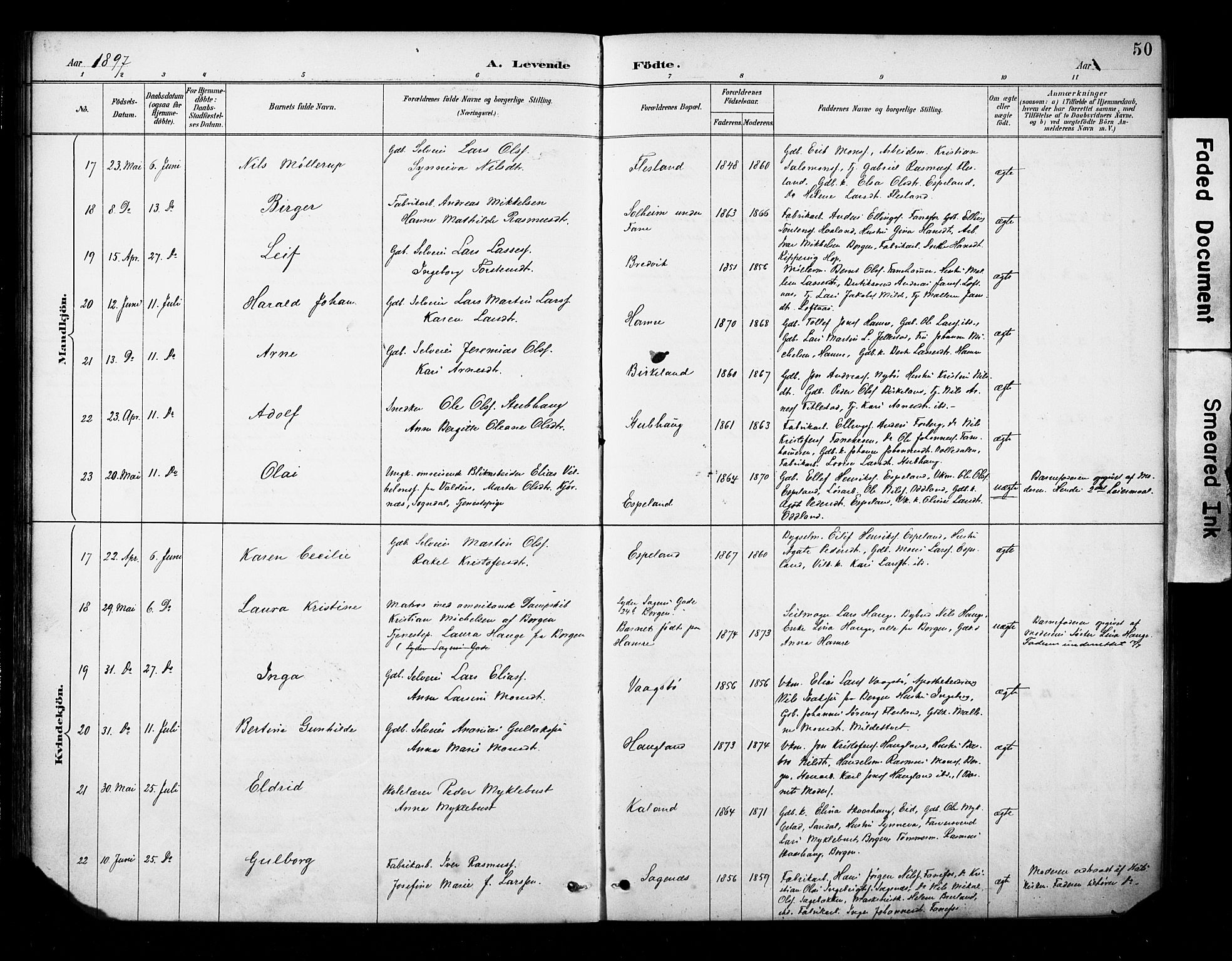 Fana Sokneprestembete, AV/SAB-A-75101/H/Haa/Haab/L0002: Parish register (official) no. B 2, 1890-1897, p. 50