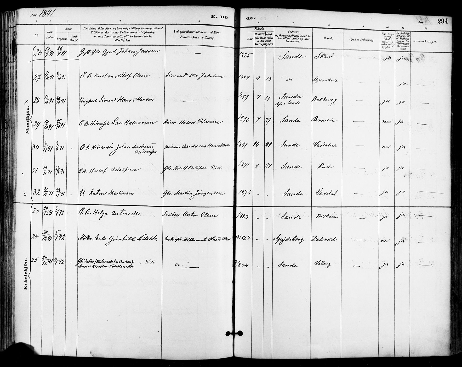 Sande Kirkebøker, AV/SAKO-A-53/F/Fa/L0007: Parish register (official) no. 7, 1888-1903, p. 294