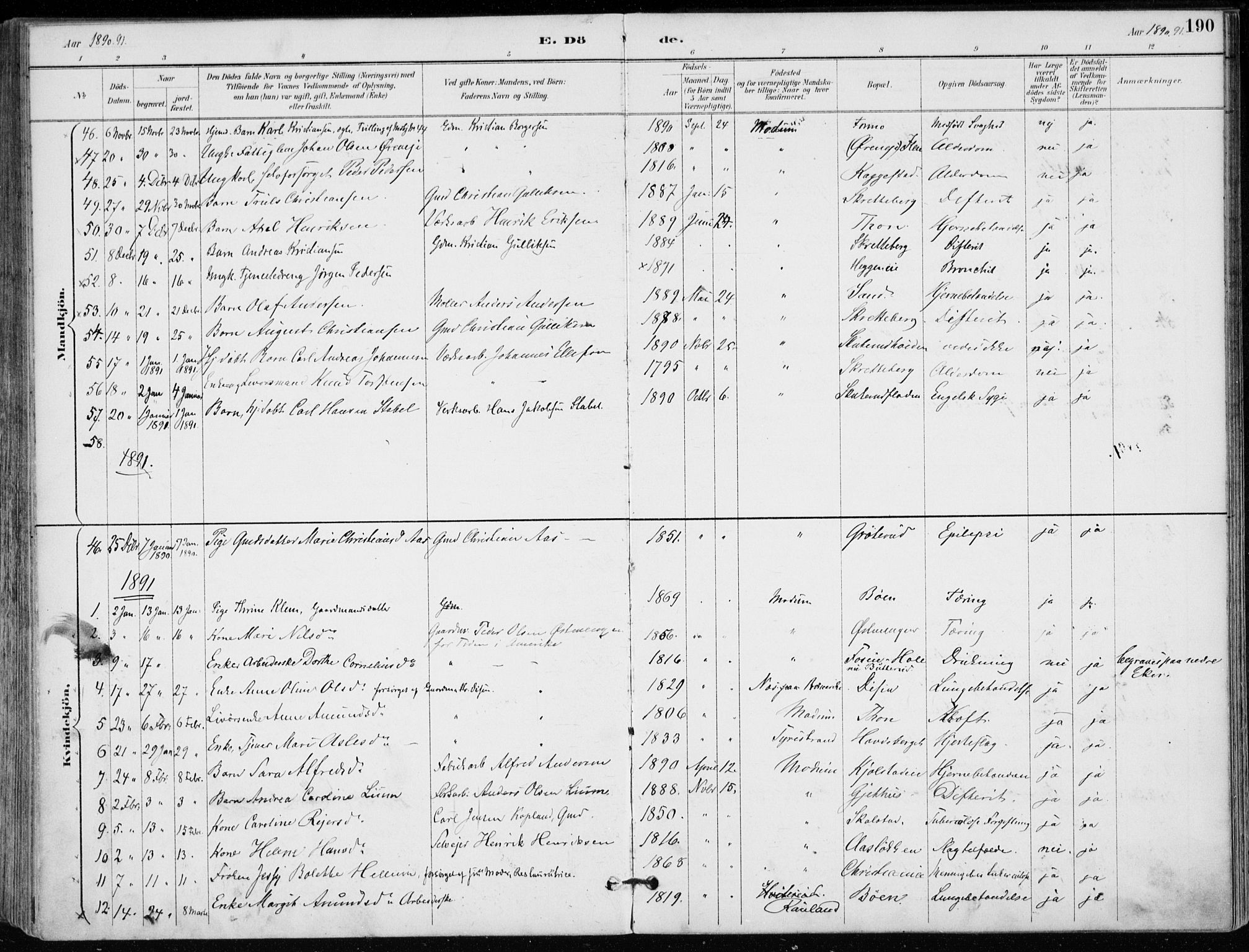 Modum kirkebøker, SAKO/A-234/F/Fa/L0012: Parish register (official) no. 12, 1890-1898, p. 190