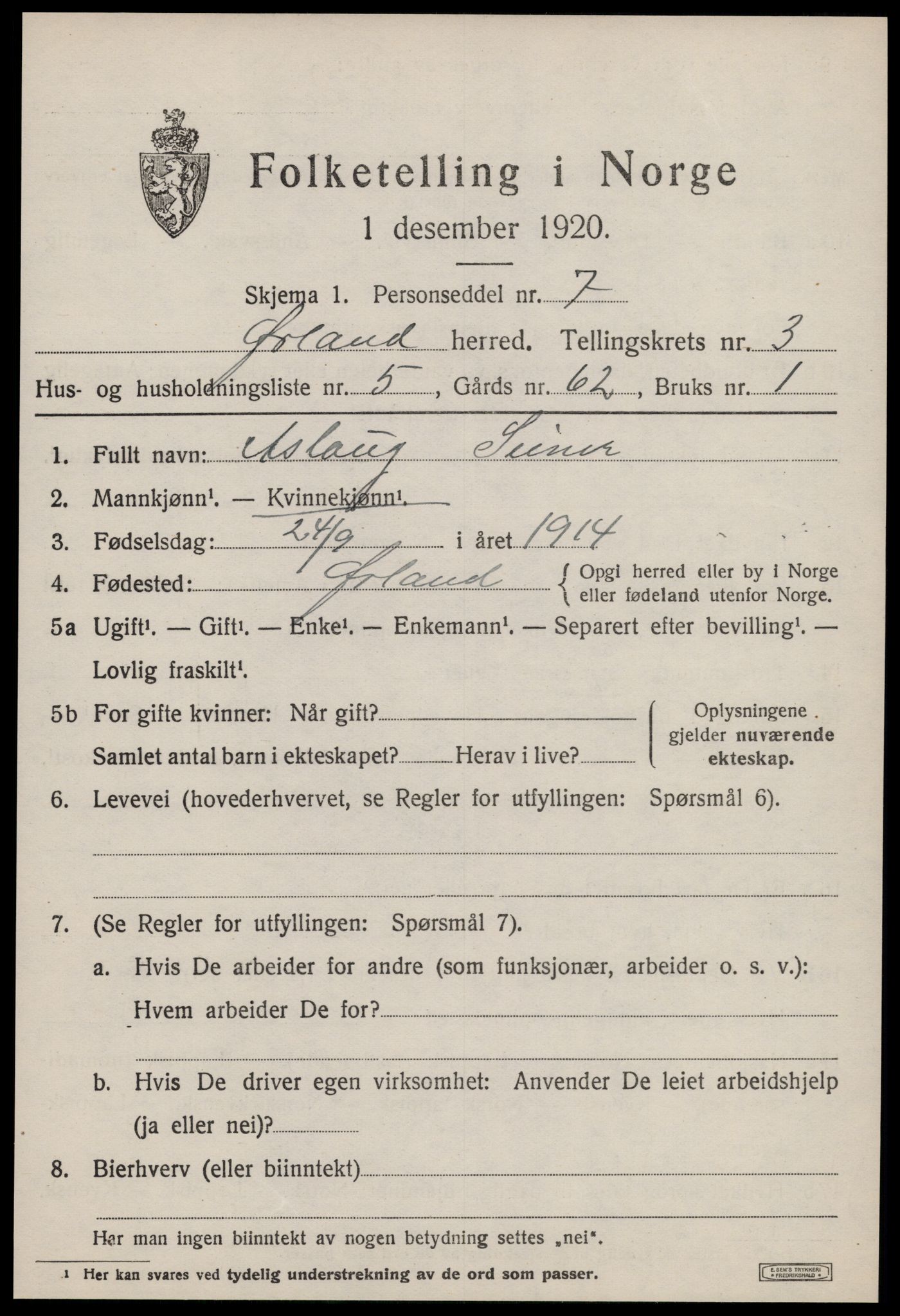 SAT, 1920 census for Ørland, 1920, p. 2525