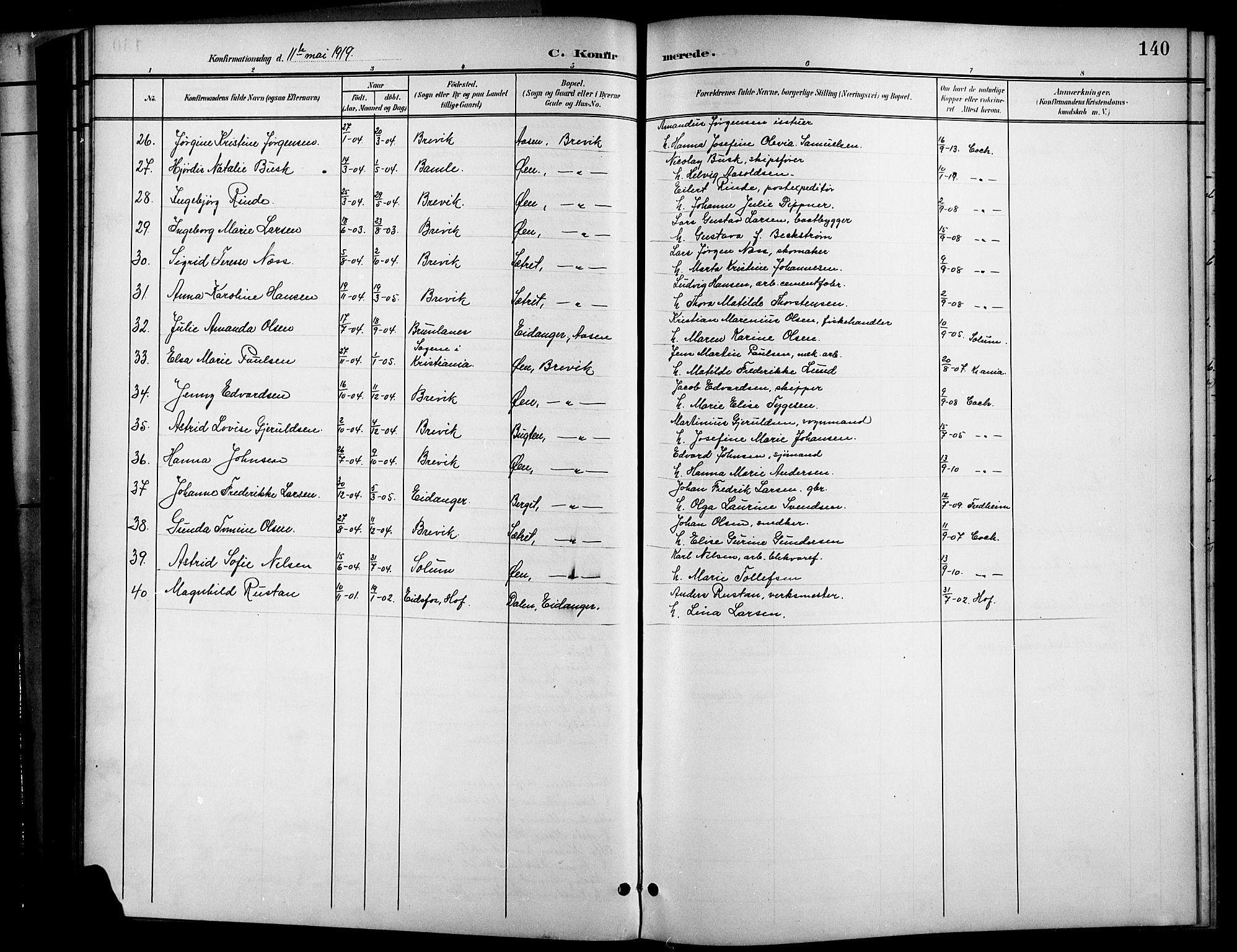 Brevik kirkebøker, SAKO/A-255/G/Ga/L0005: Parish register (copy) no. 5, 1901-1924, p. 140
