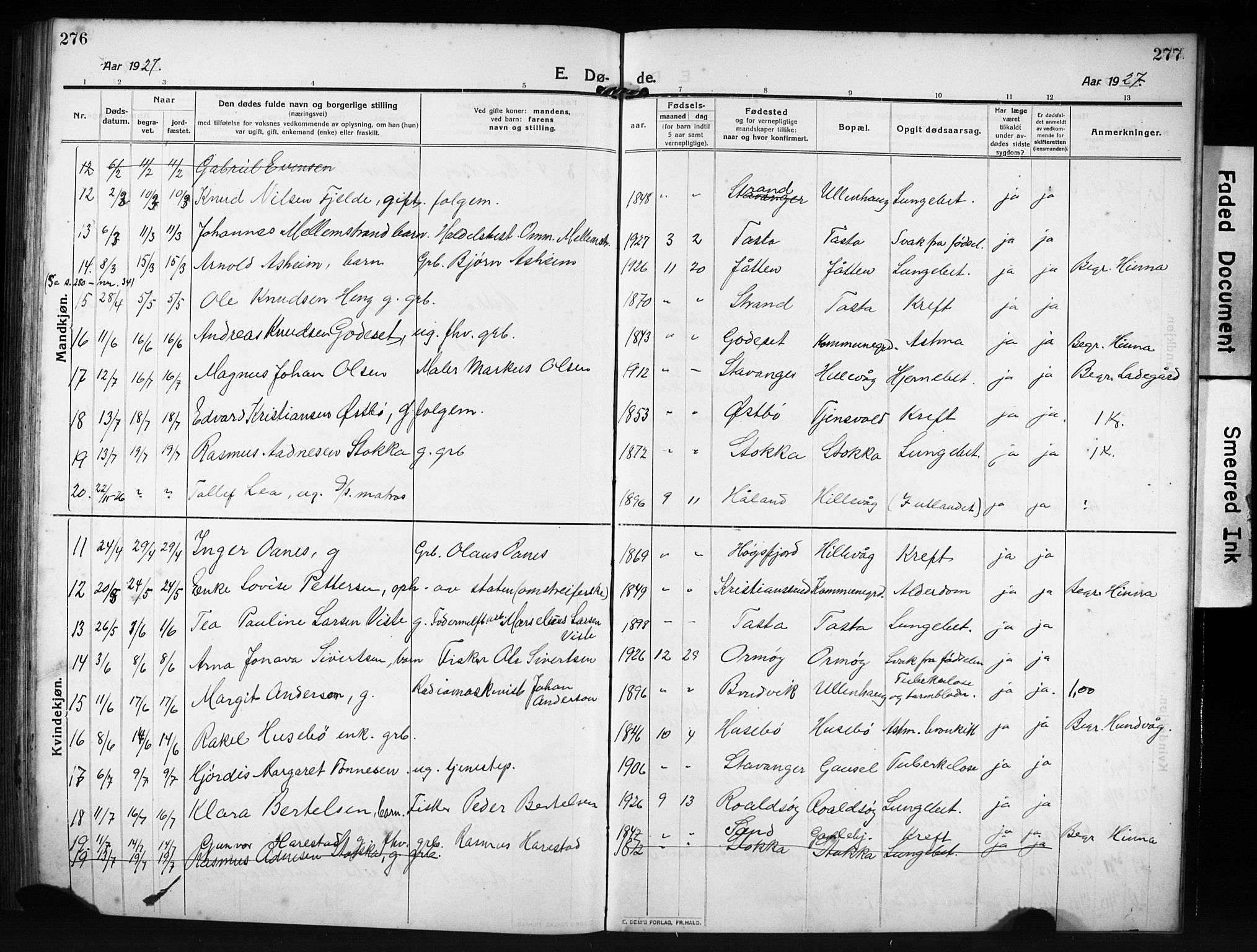 Hetland sokneprestkontor, SAST/A-101826/30/30BB/L0009: Parish register (copy) no. B 9, 1910-1931, p. 276-277