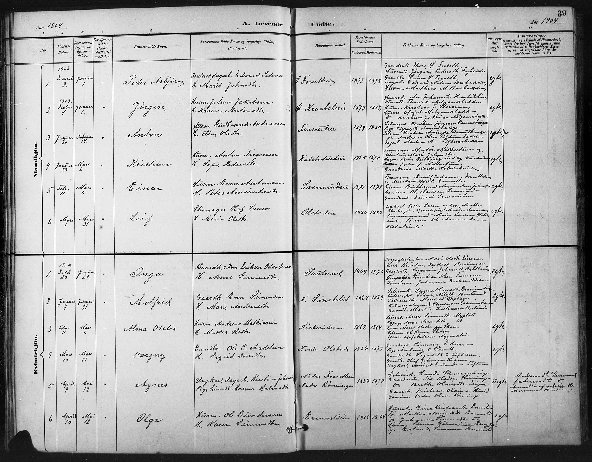 Vestre Gausdal prestekontor, SAH/PREST-094/H/Ha/Hab/L0003: Parish register (copy) no. 3, 1896-1925, p. 39