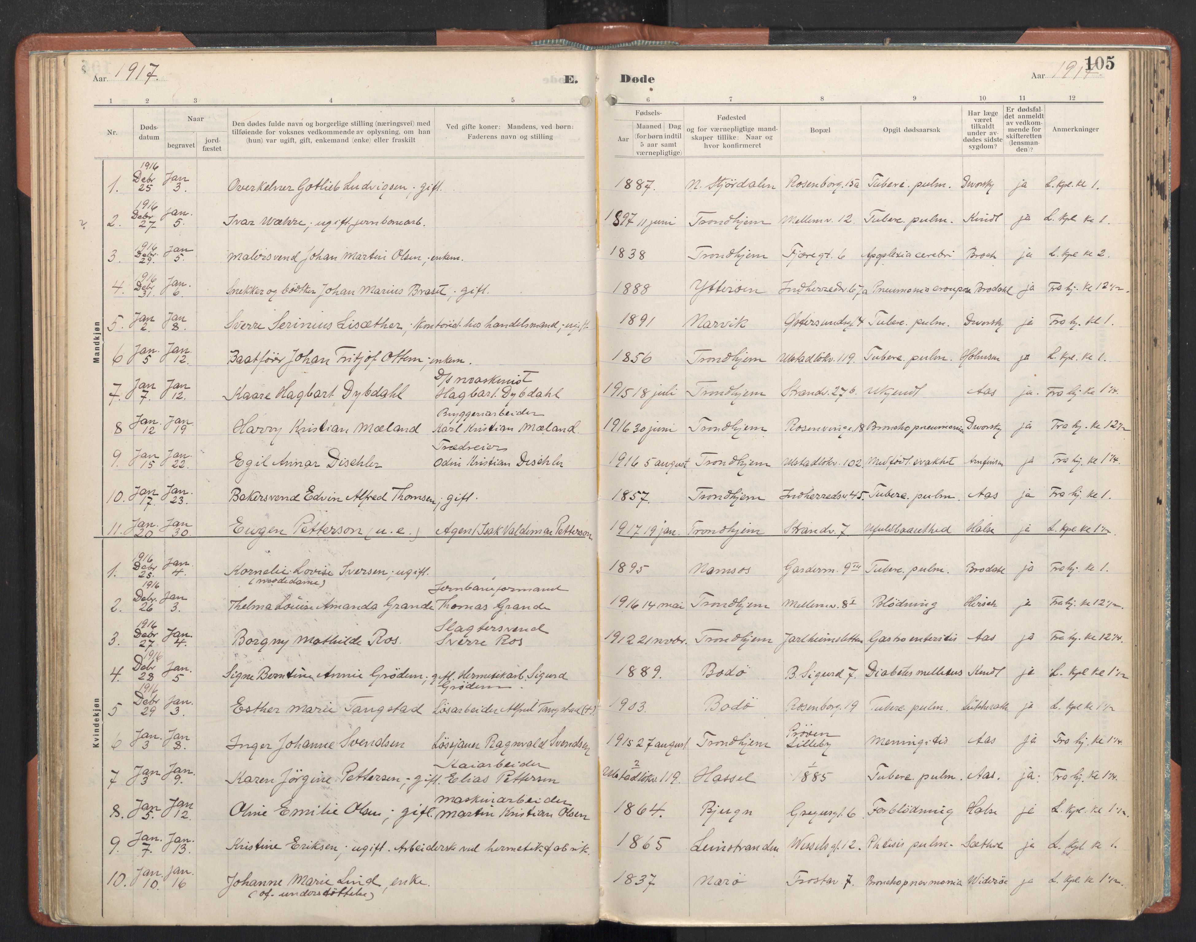 Ministerialprotokoller, klokkerbøker og fødselsregistre - Sør-Trøndelag, SAT/A-1456/605/L0245: Parish register (official) no. 605A07, 1916-1938, p. 105