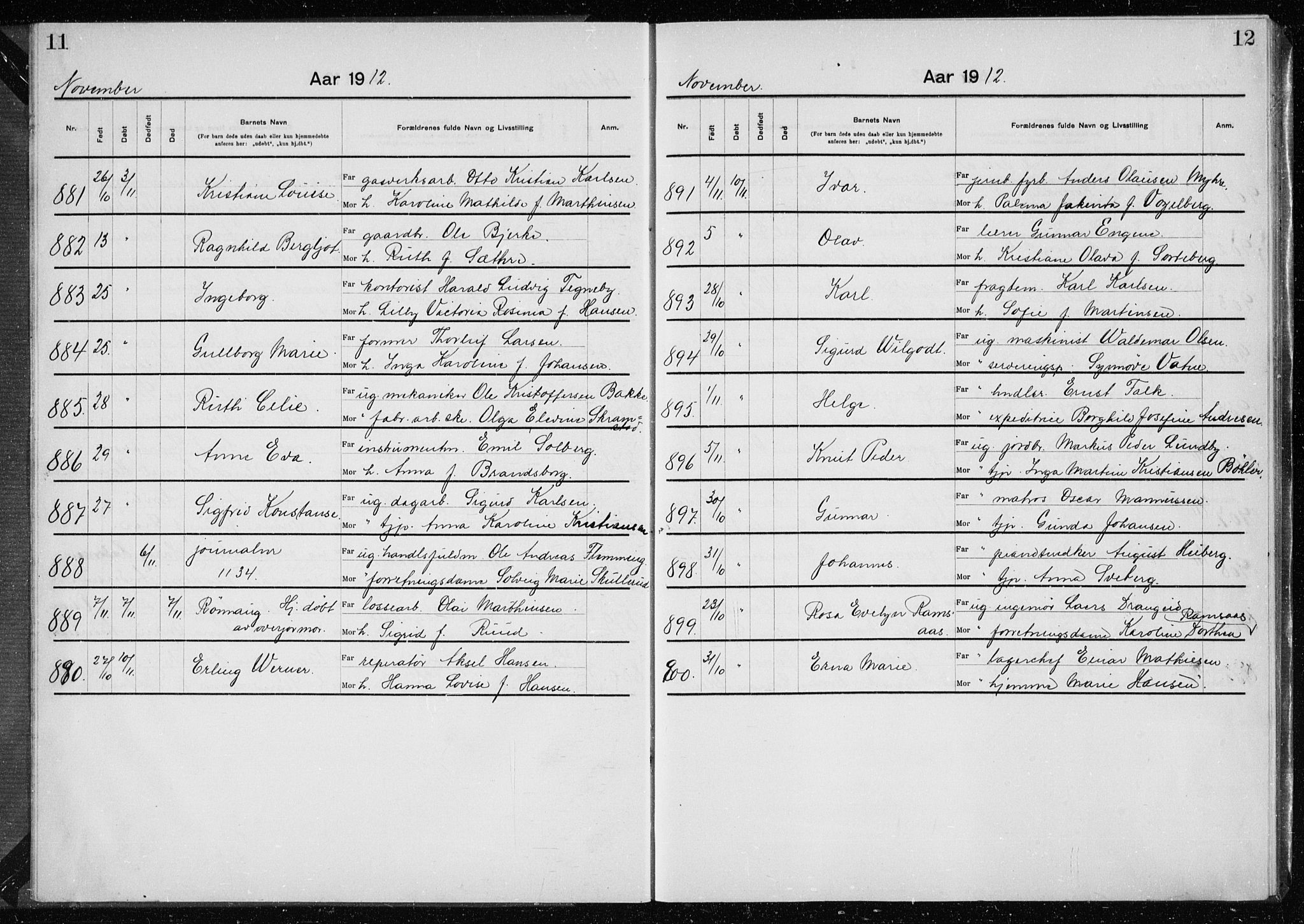 Rikshospitalet prestekontor Kirkebøker, AV/SAO-A-10309b/K/L0007/0002: Baptism register no. 7.2, 1912-1914, p. 11-12