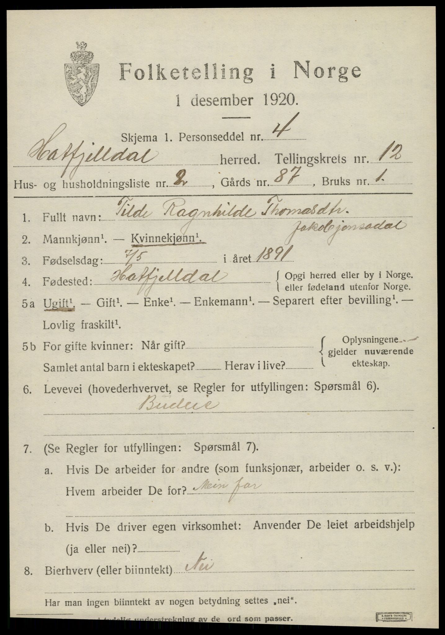 SAT, 1920 census for Hattfjelldal, 1920, p. 2722