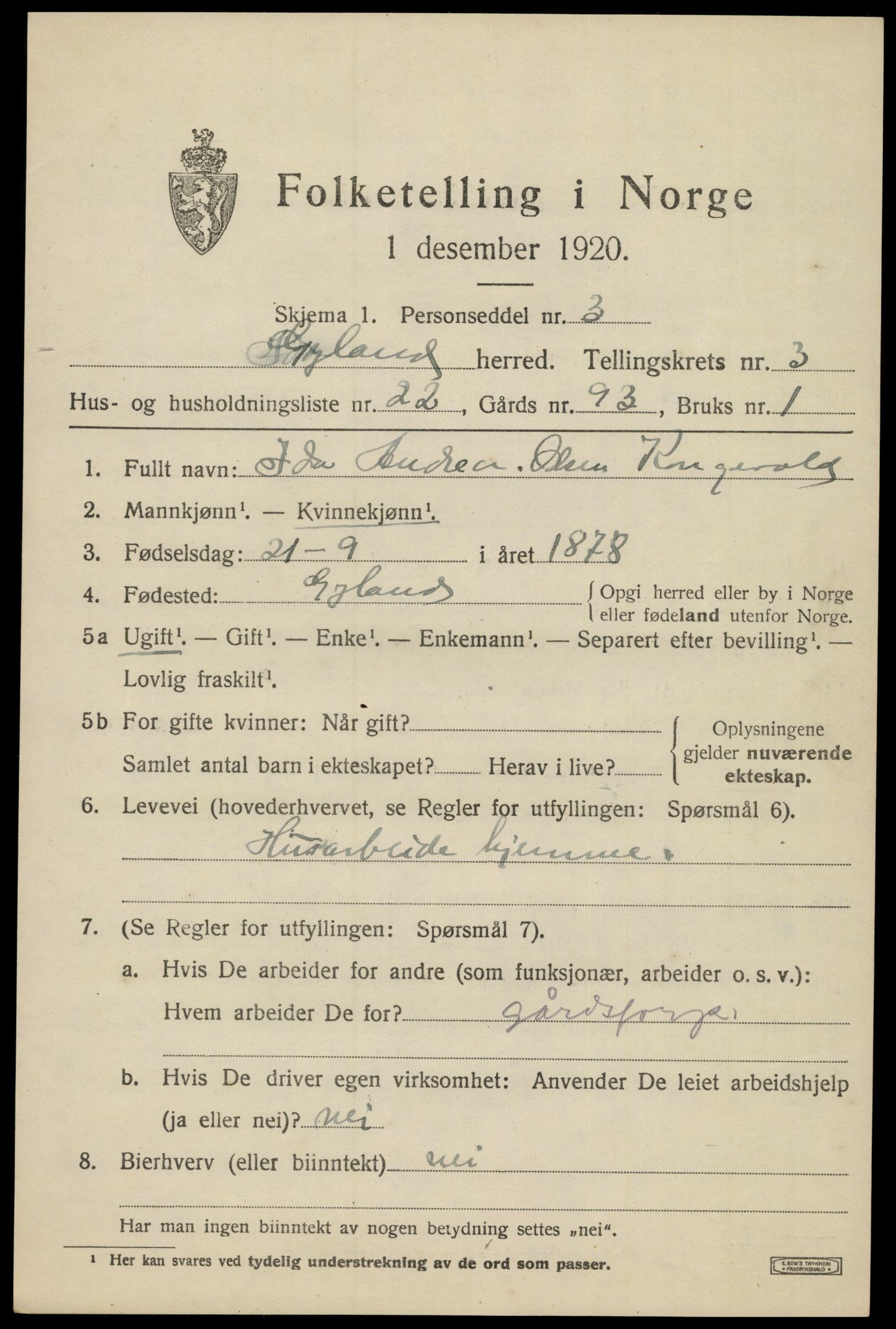 SAK, 1920 census for Gyland, 1920, p. 1022