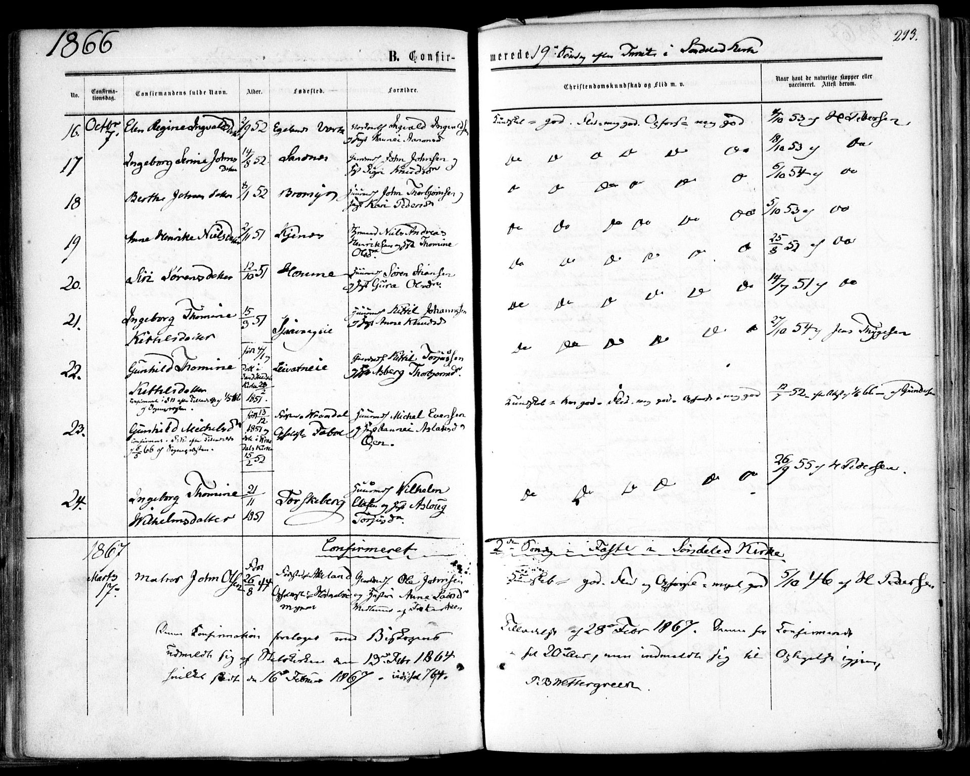 Søndeled sokneprestkontor, SAK/1111-0038/F/Fa/L0003: Parish register (official) no. A 3, 1861-1879, p. 293