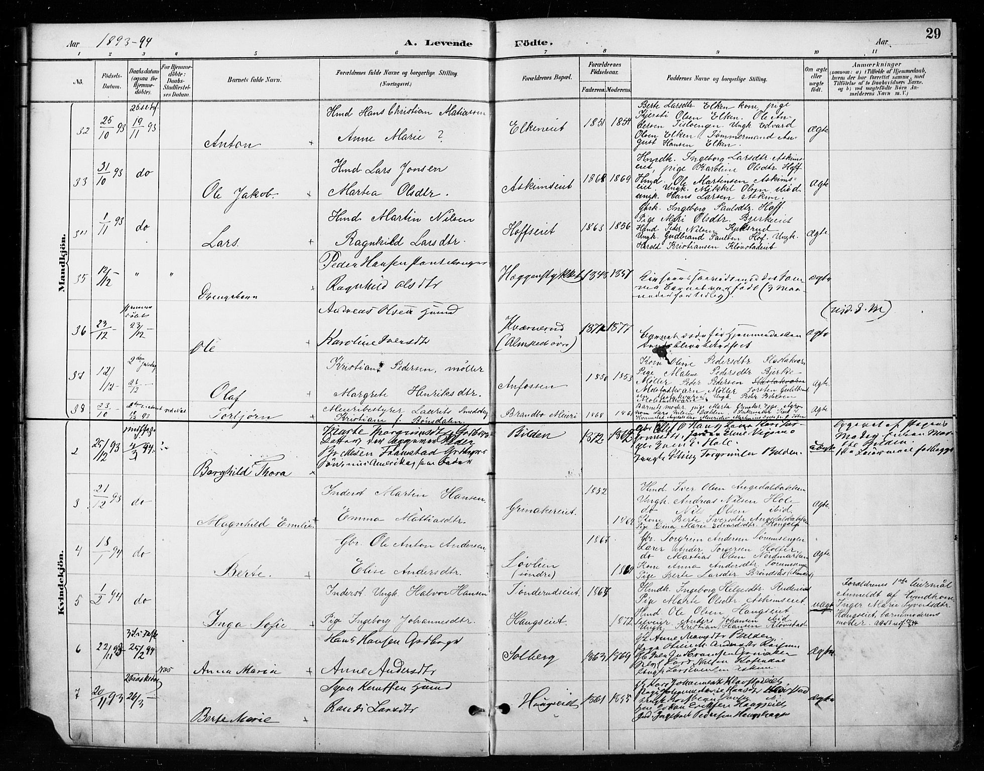 Gran prestekontor, SAH/PREST-112/H/Ha/Haa/L0018: Parish register (official) no. 18, 1889-1899, p. 29