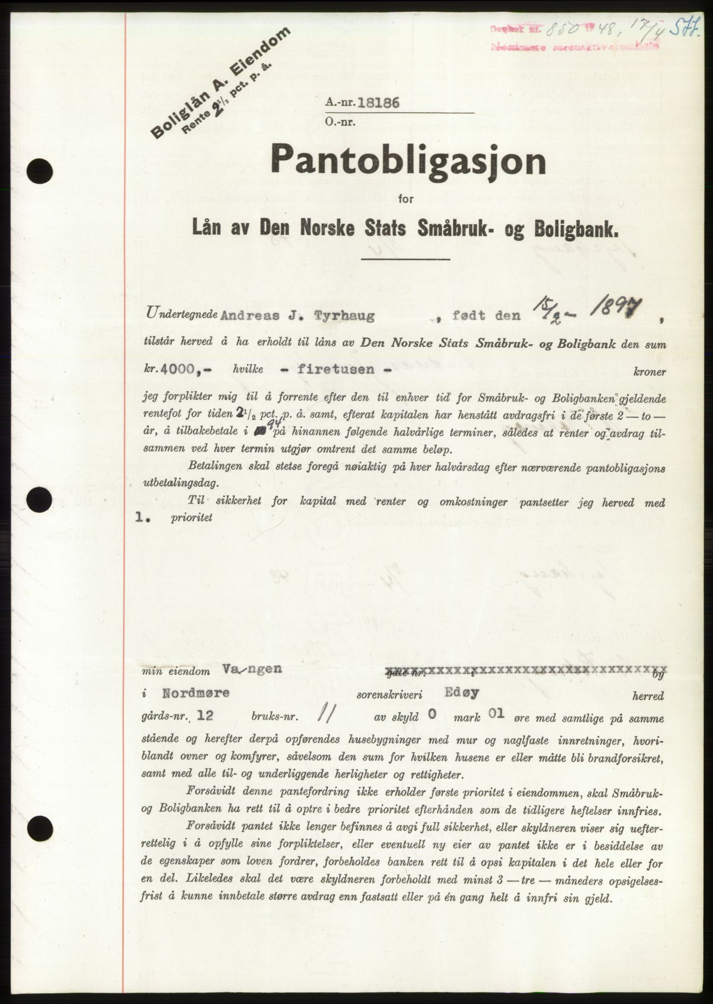 Nordmøre sorenskriveri, AV/SAT-A-4132/1/2/2Ca: Mortgage book no. B98, 1948-1948, Diary no: : 850/1948