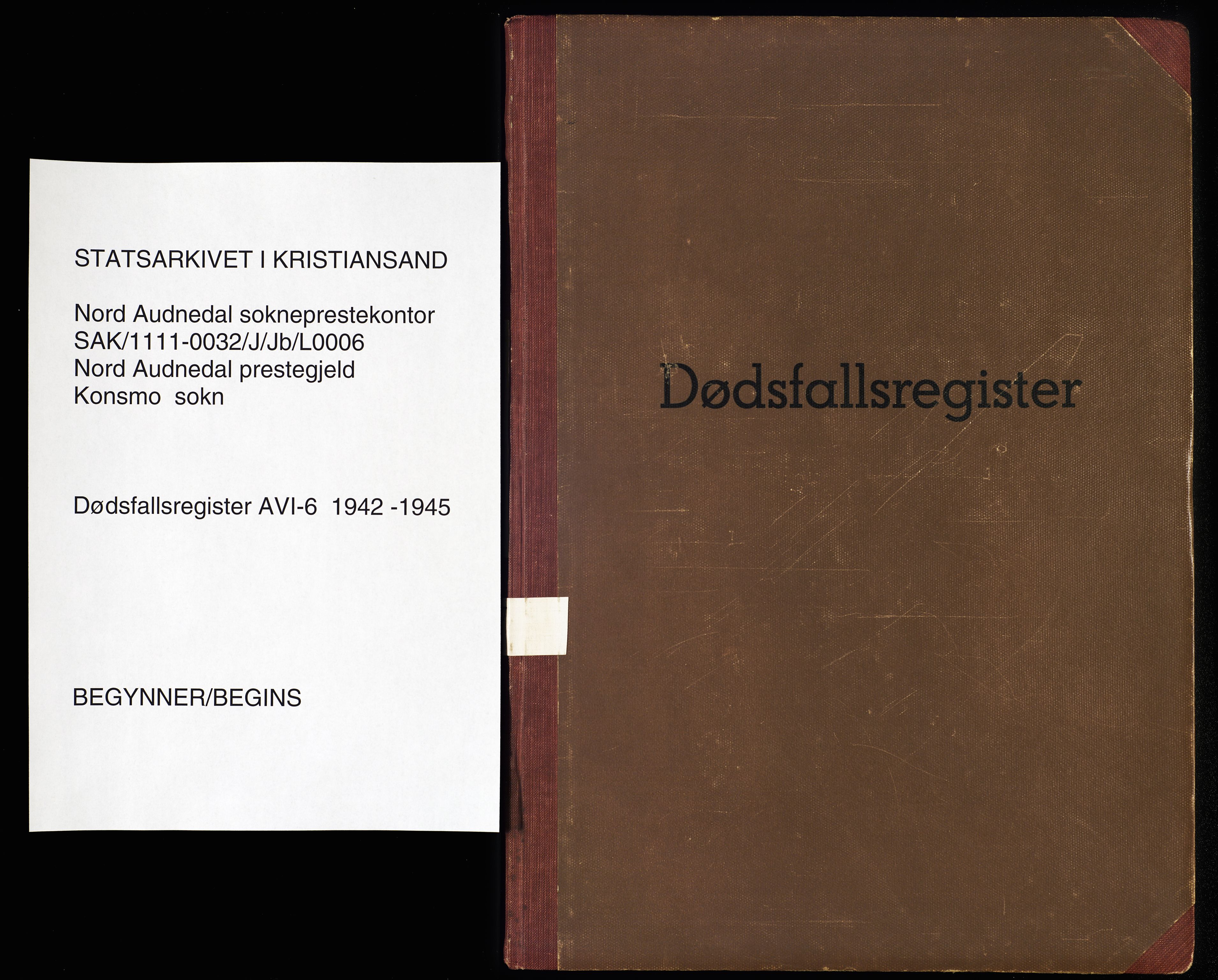 Nord-Audnedal sokneprestkontor, AV/SAK-1111-0032/J/Jb/L0006: A-VI-6 - Dødsfallsregister Konsmo, 1942-1945