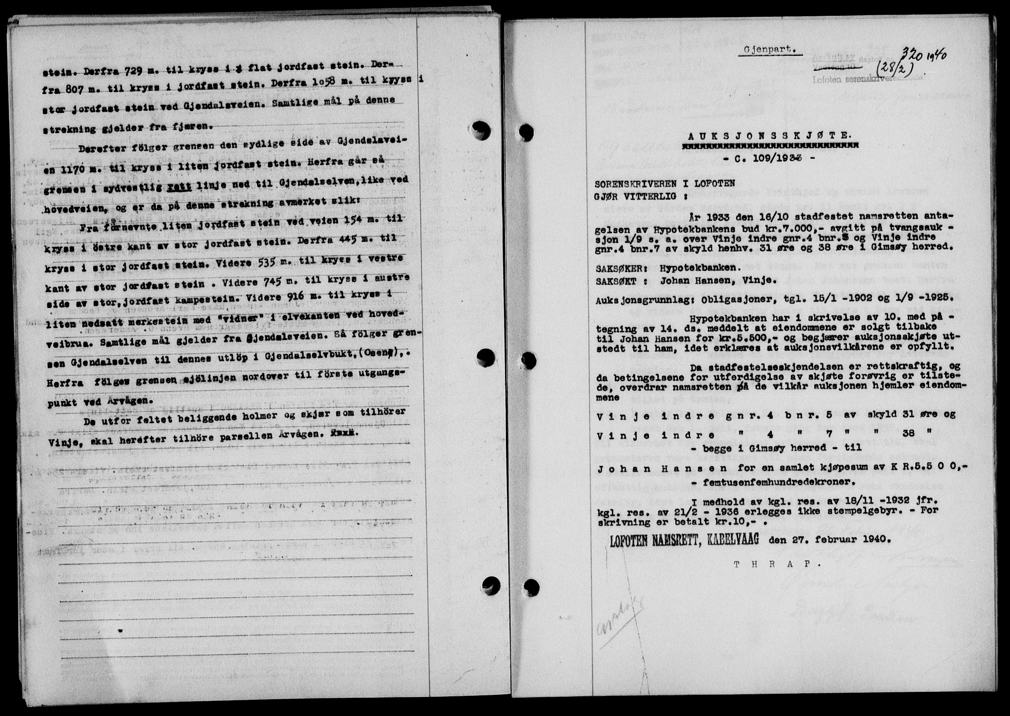 Lofoten sorenskriveri, SAT/A-0017/1/2/2C/L0007a: Mortgage book no. 7a, 1939-1940, Diary no: : 320/1940