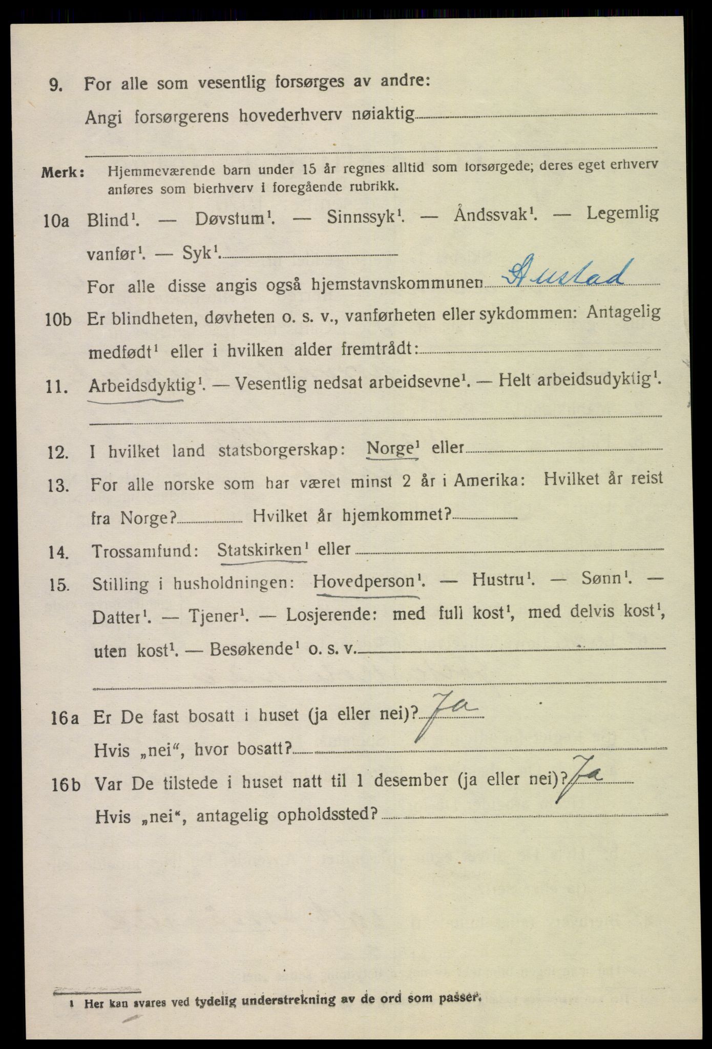 SAK, 1920 census for Austad, 1920, p. 1430