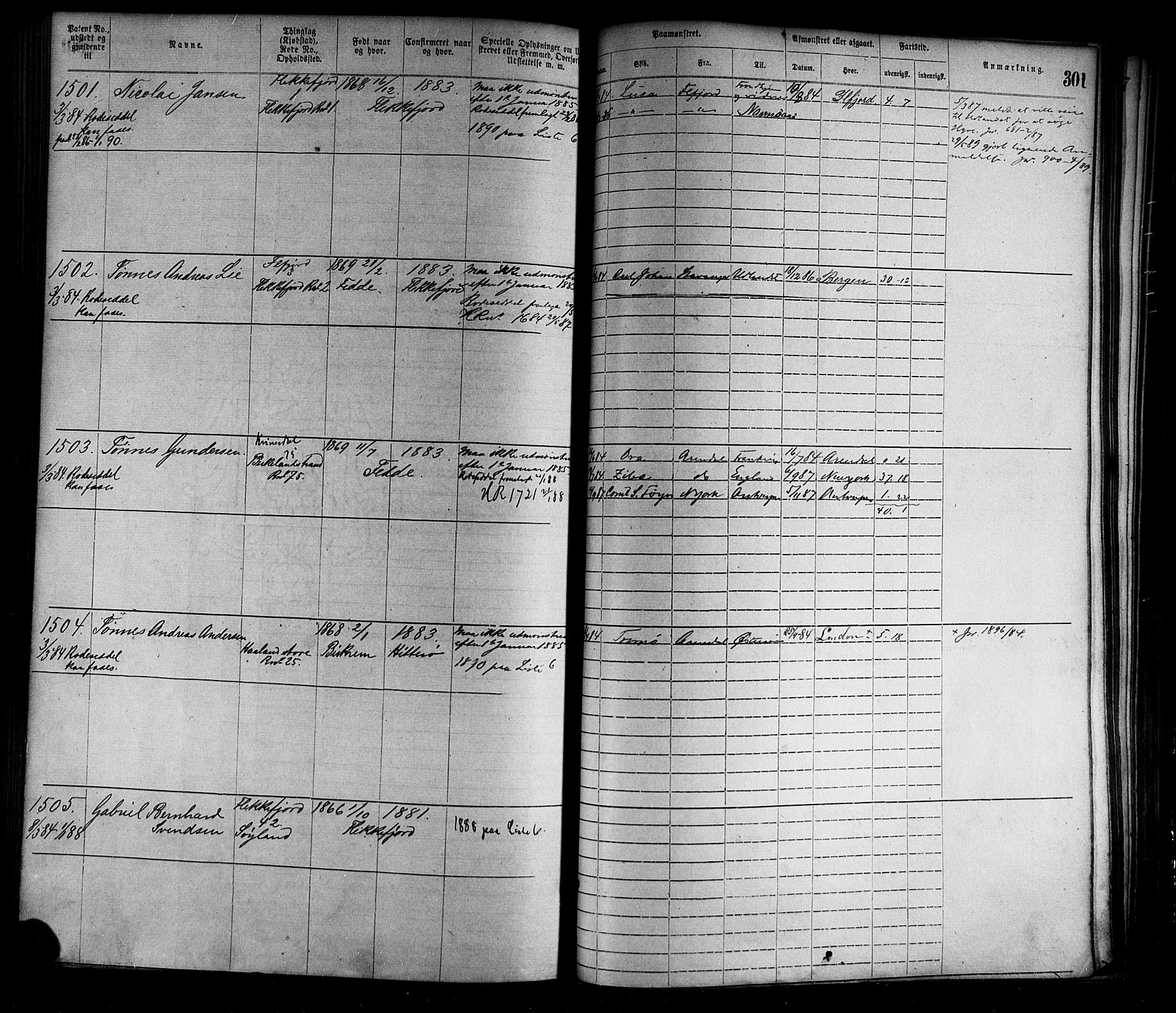 Flekkefjord mønstringskrets, SAK/2031-0018/F/Fa/L0002: Annotasjonsrulle nr 1-1920 med register, N-2, 1870-1891, p. 330