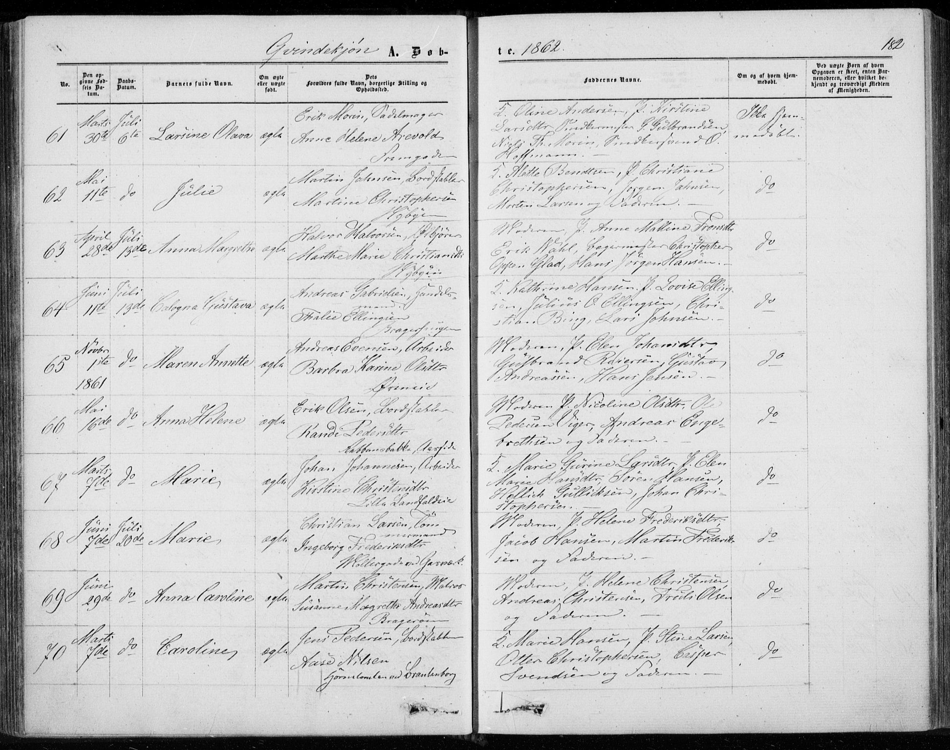 Bragernes kirkebøker, AV/SAKO-A-6/F/Fb/L0003: Parish register (official) no. II 3, 1860-1868, p. 182