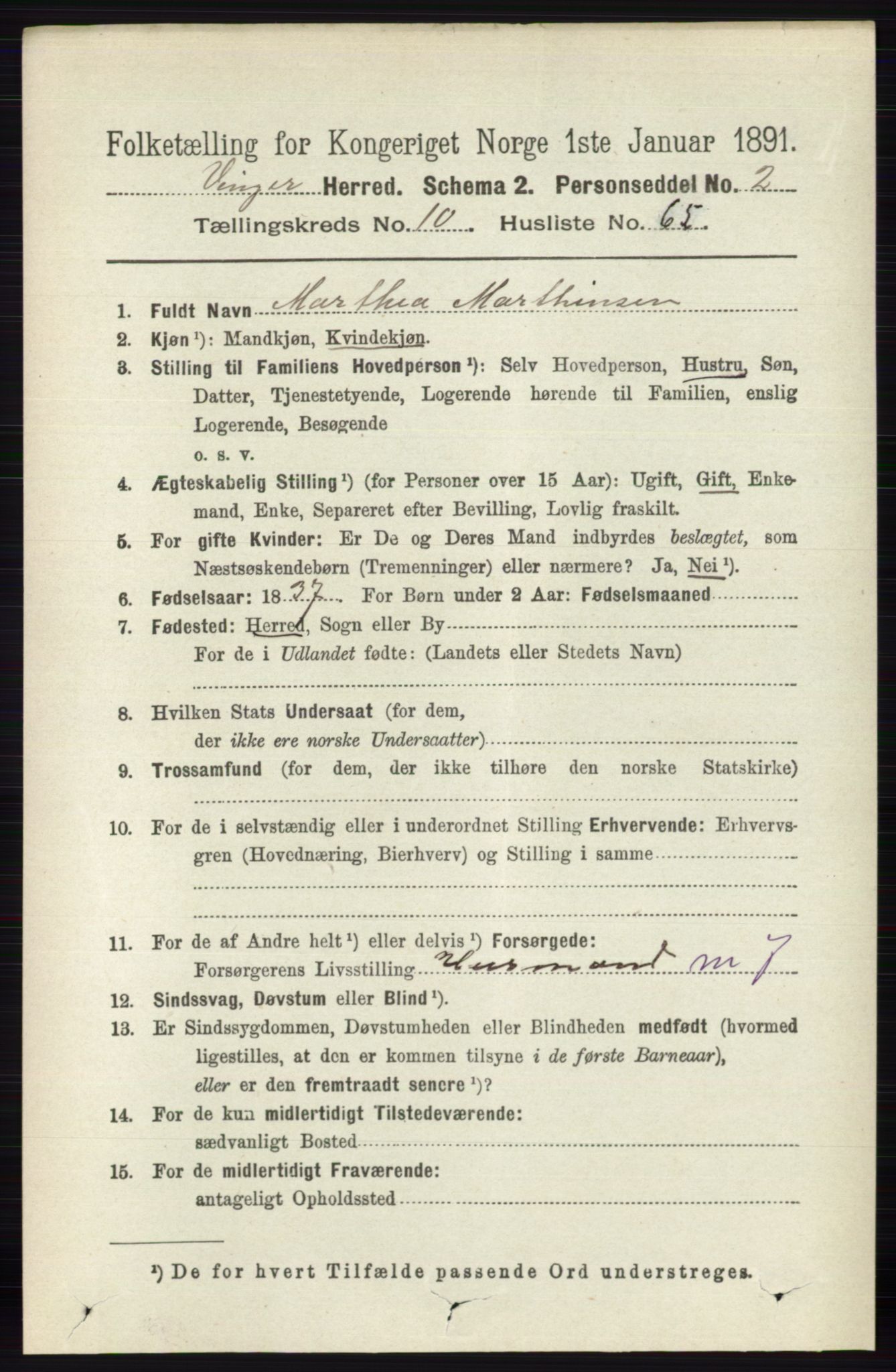 RA, 1891 census for 0421 Vinger, 1891, p. 5274