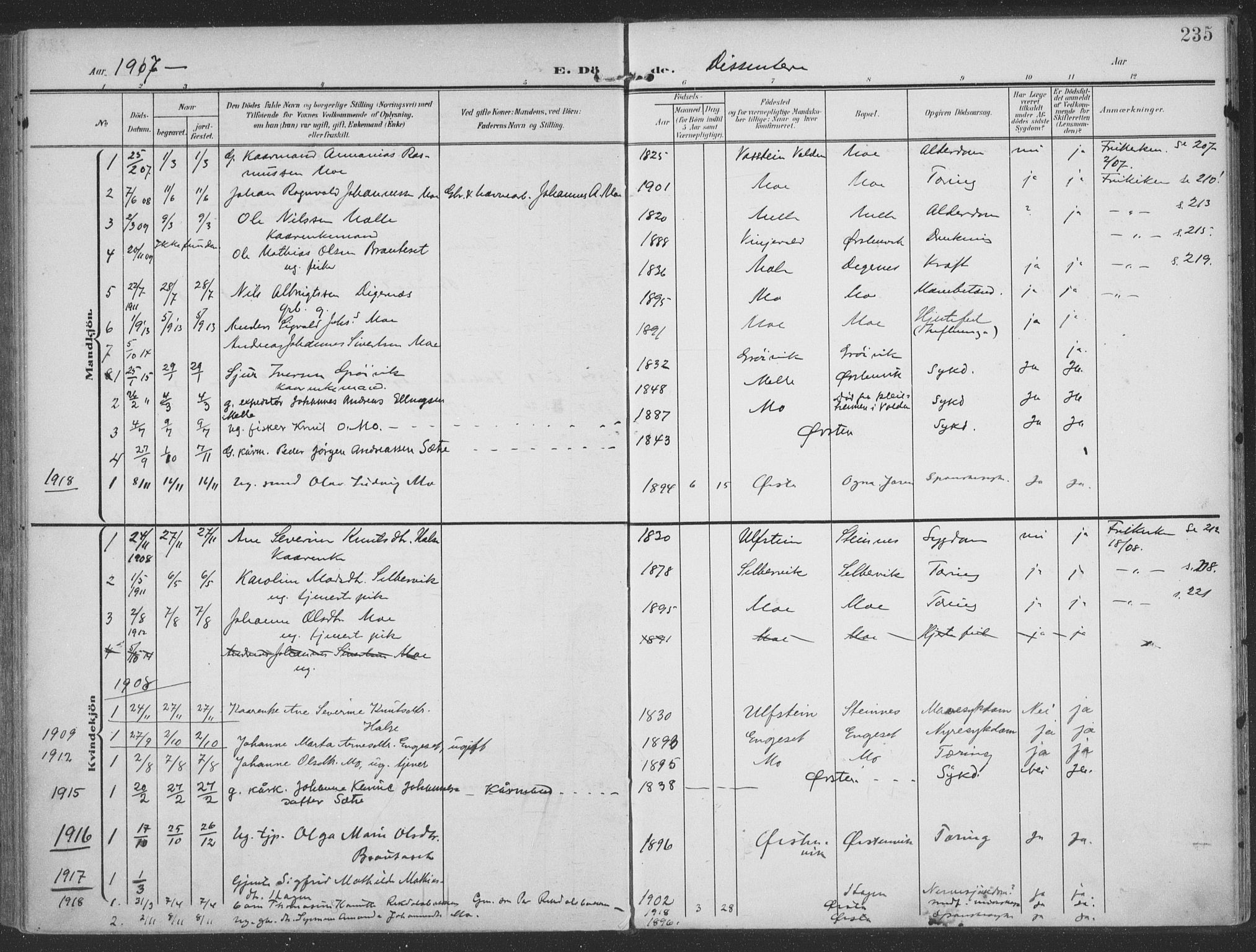 Ministerialprotokoller, klokkerbøker og fødselsregistre - Møre og Romsdal, SAT/A-1454/513/L0178: Parish register (official) no. 513A05, 1906-1919, p. 235