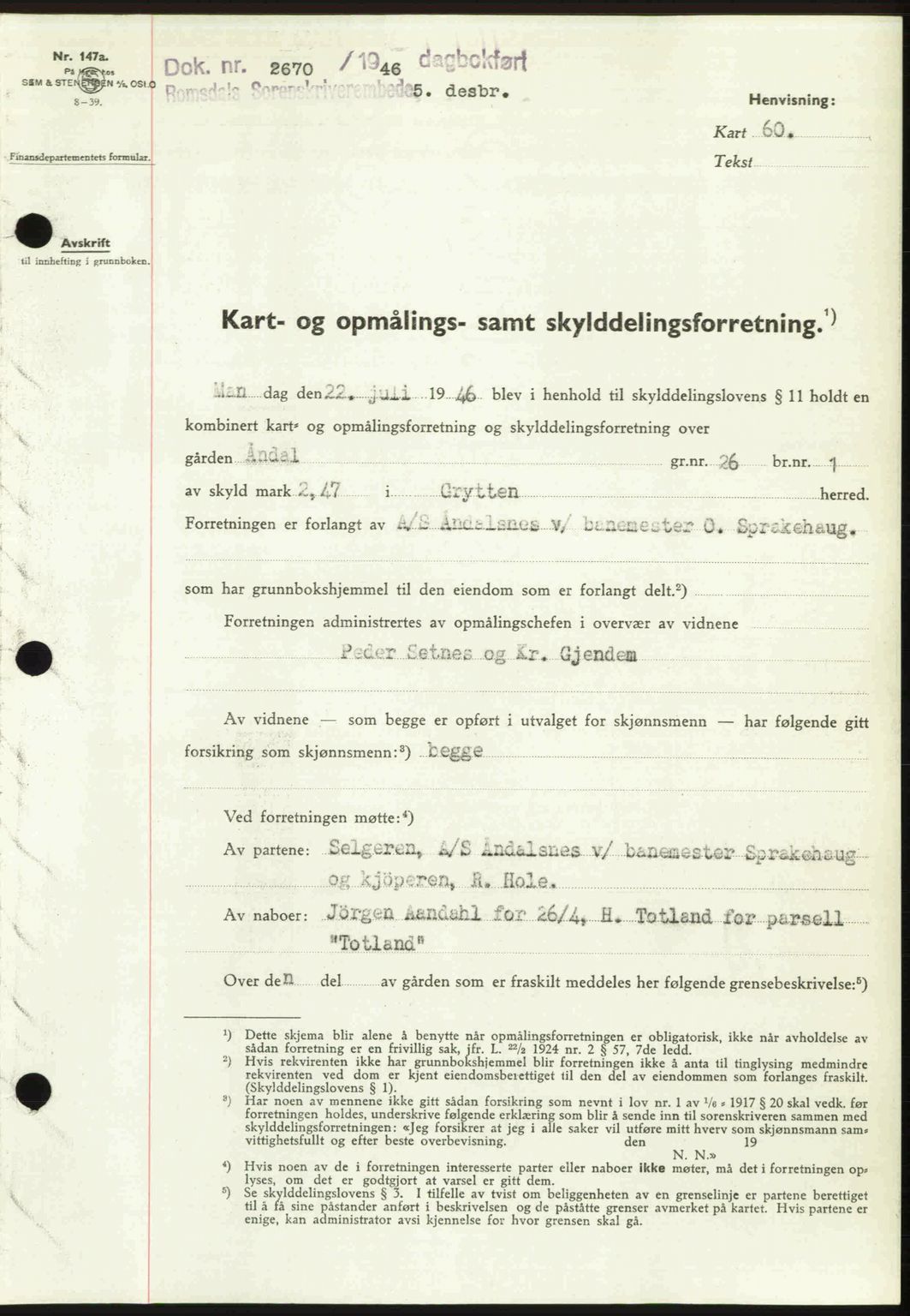 Romsdal sorenskriveri, AV/SAT-A-4149/1/2/2C: Mortgage book no. A21, 1946-1946, Diary no: : 2670/1946